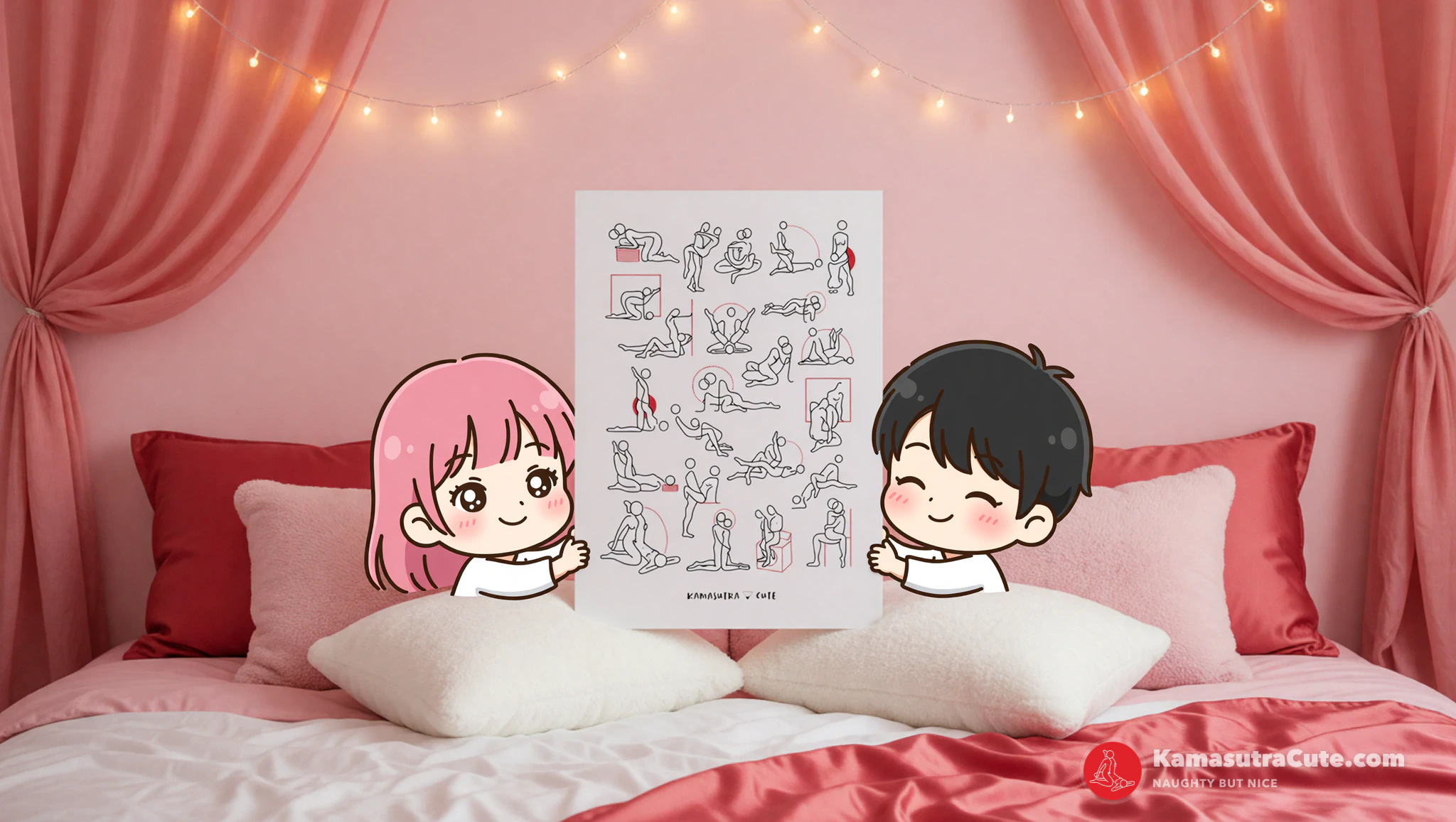 Transformed bedroom spicy sanctuary featuring Kamasutra Cute Poster, lights, canopy, and romantic elements.