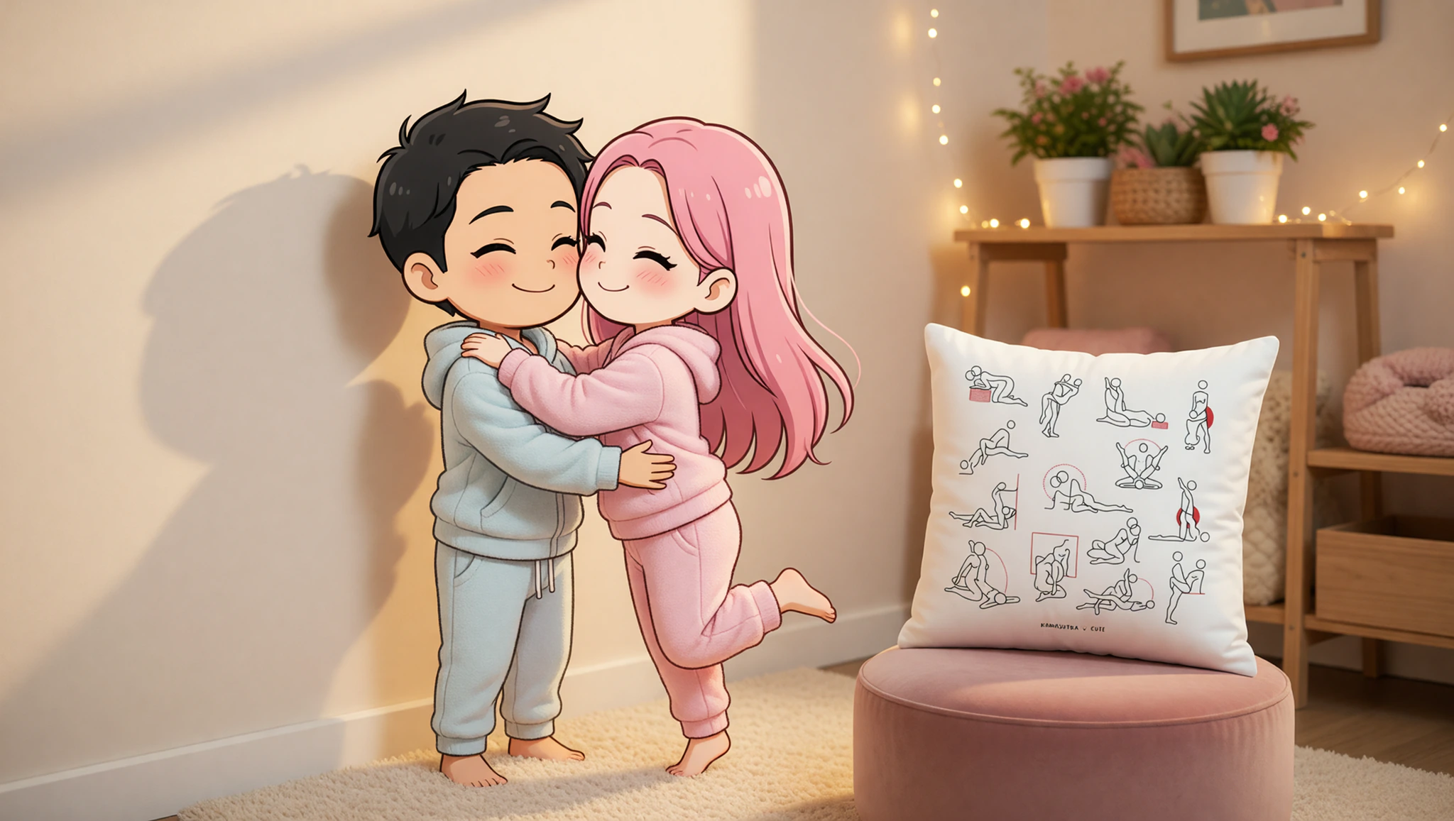 Heterosexual couple passionately engaged in a wall whisper press position for instant adventure.