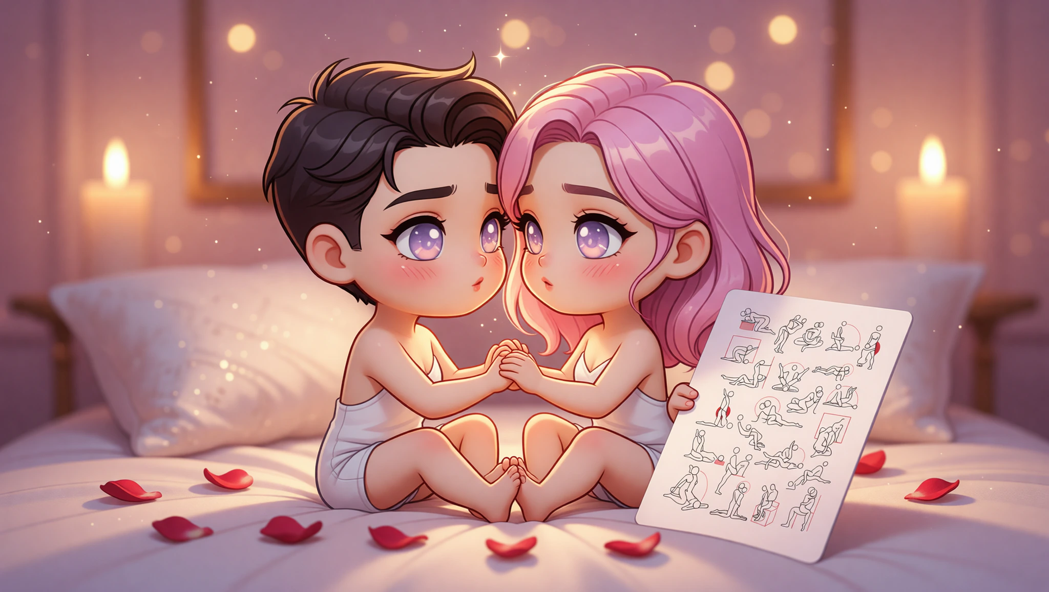 Intimate man and woman couple locked in eye contact during Kamasutra Lotus position on a romantic bed.