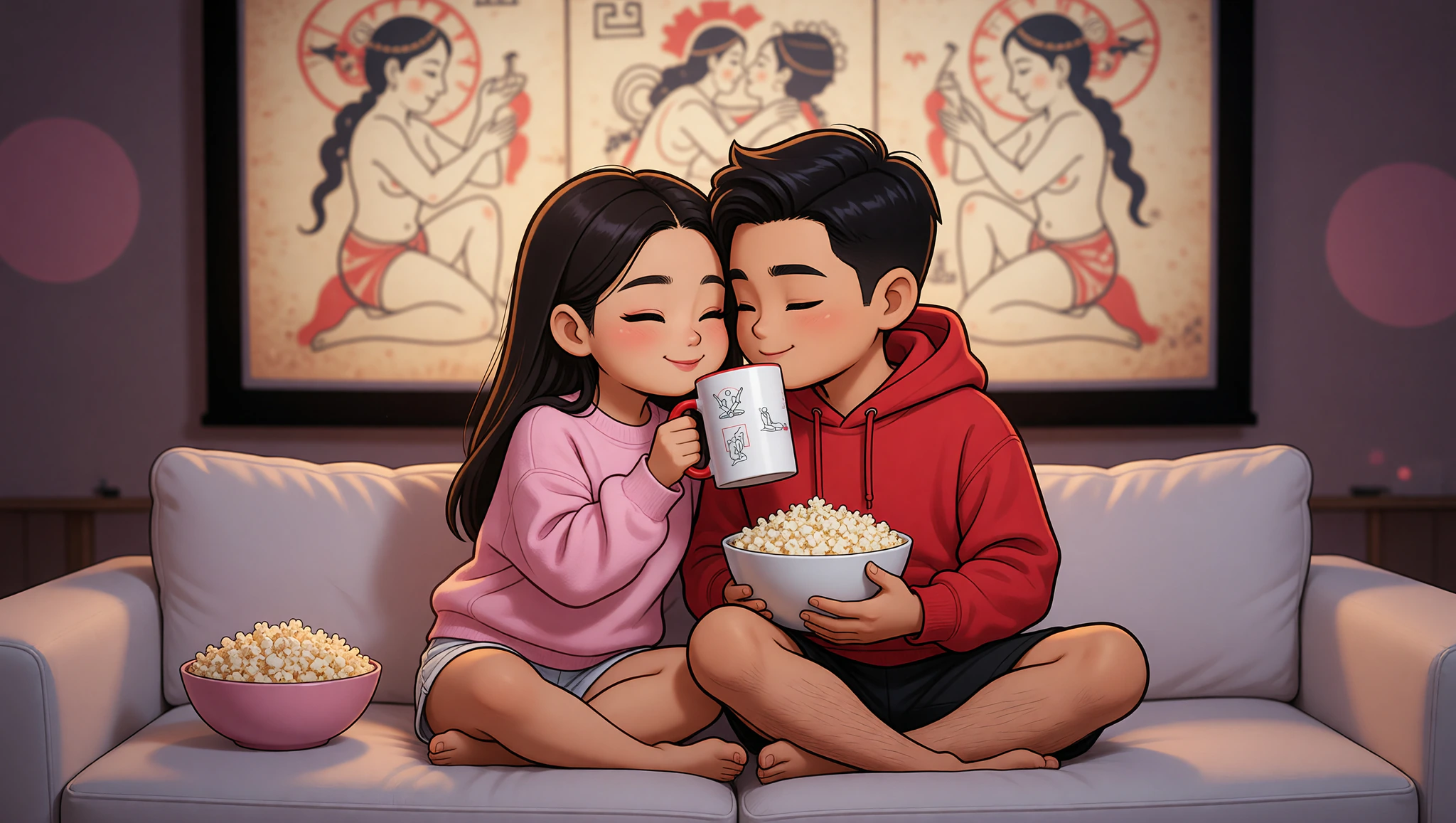 A man and a woman entwined in a passionate Kama Sutra position on the couch during a steamy home movie night.