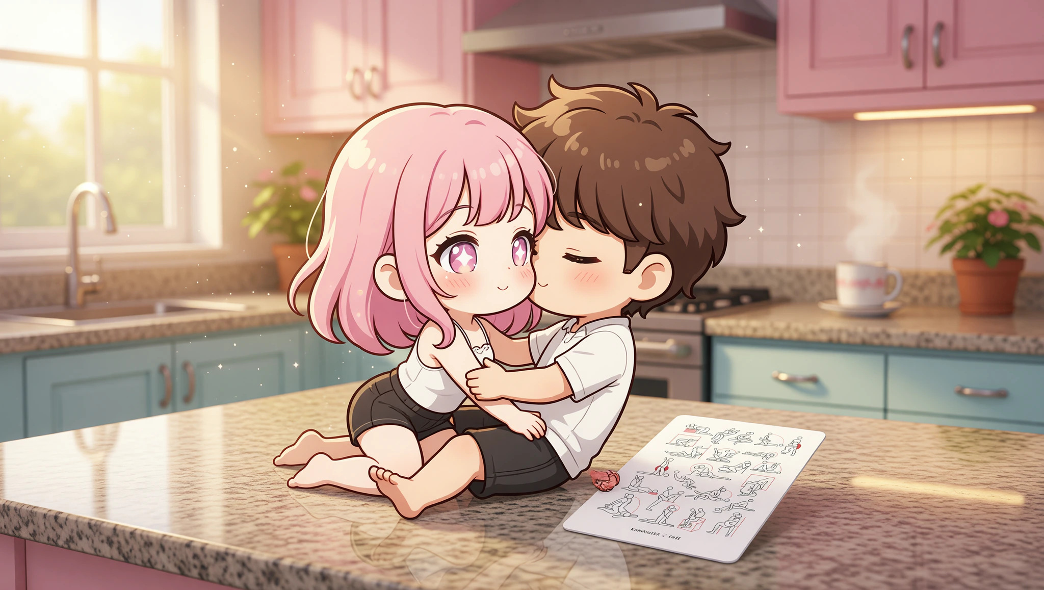 A loving man and woman sharing cozy missionary passion on a kitchen countertop.