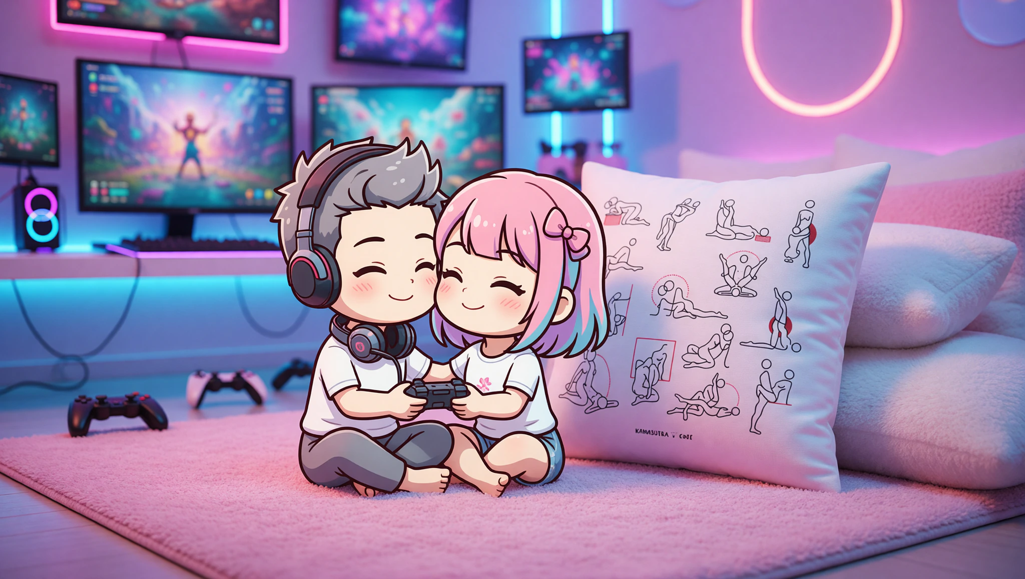 Ein verliebtes Gamer-Paar in einer prickelnden Boss-Stellung umgeben von Controllern und Kissen.