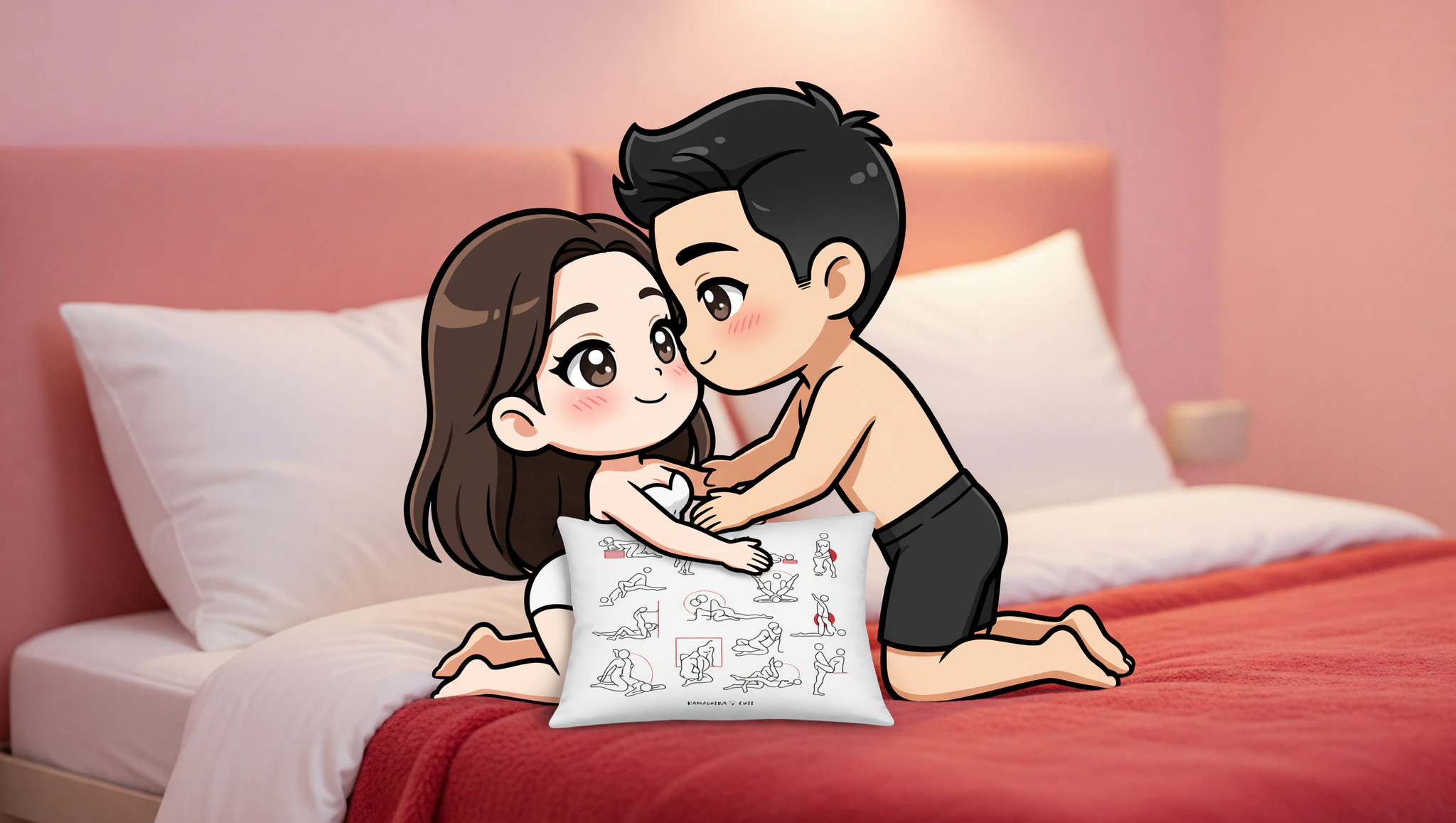 Heterosexual couple intimately connected in elevated missionary with supportive pillow.