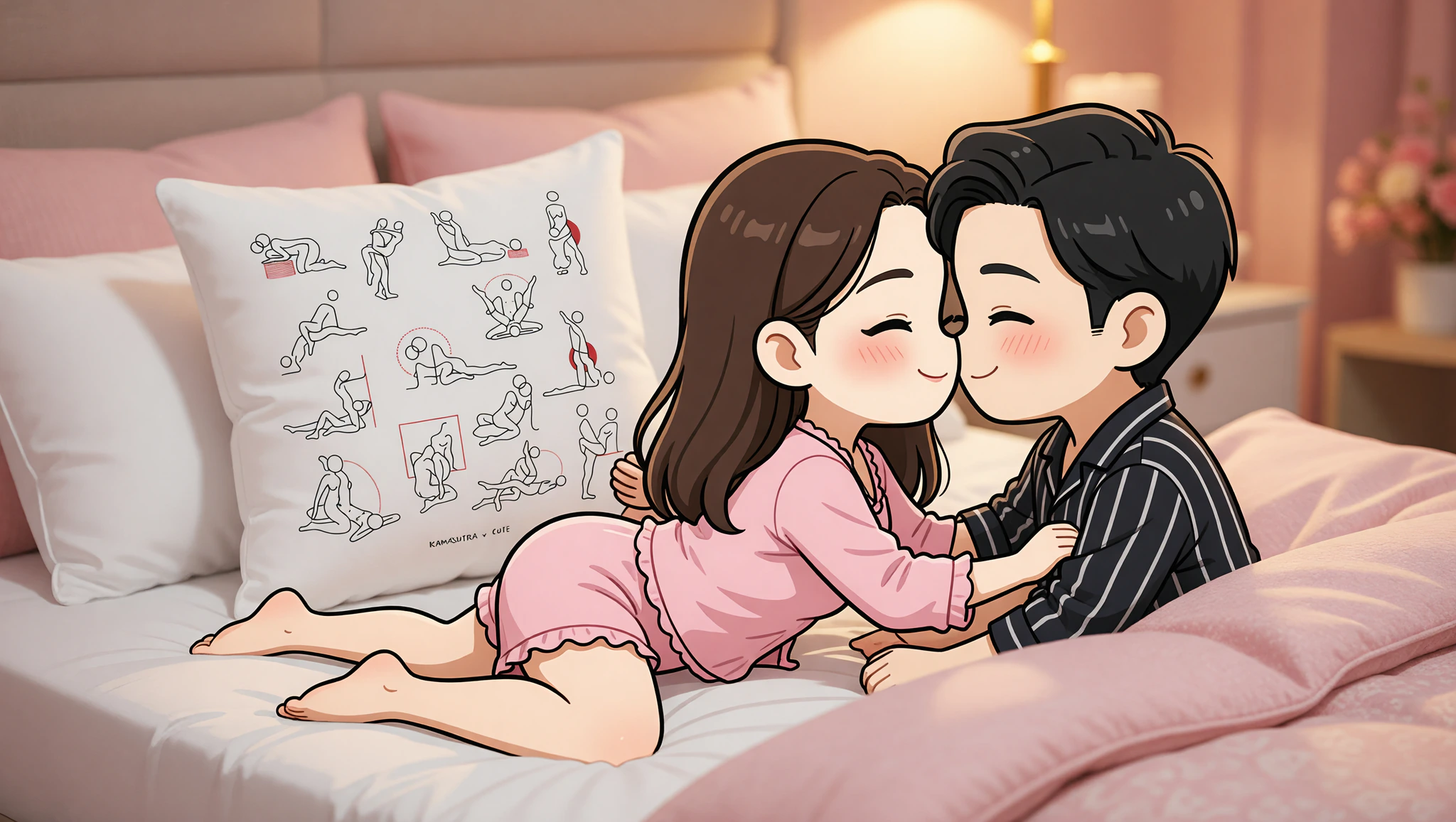 A man and a woman locked in intense eye contact during a missionary position reunion embrace on a pillow-propped bed.