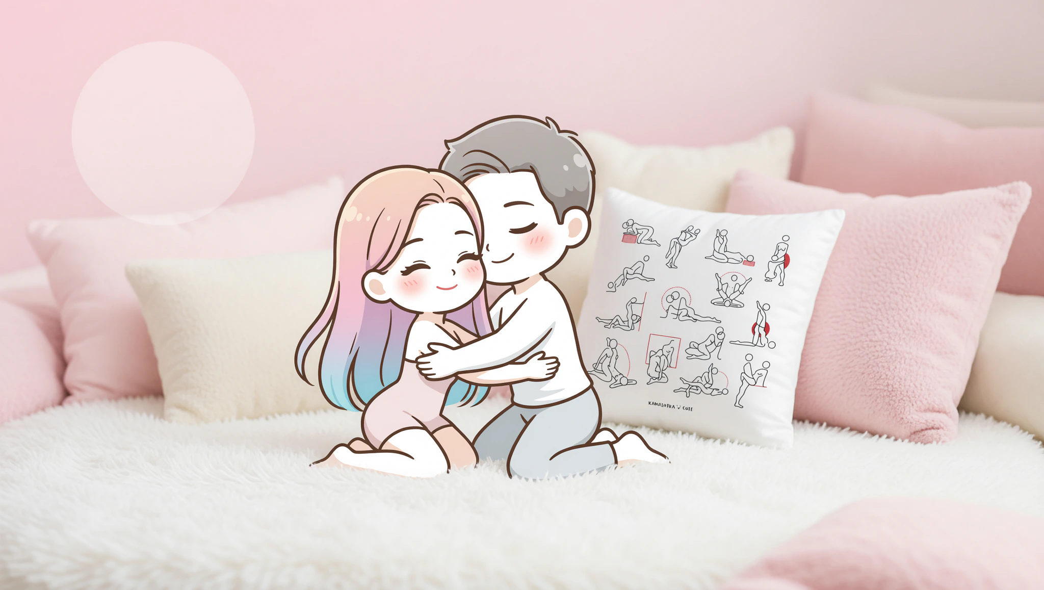 Heterosexual couple in a tender reunion rapture missionary position on bed with pillows.