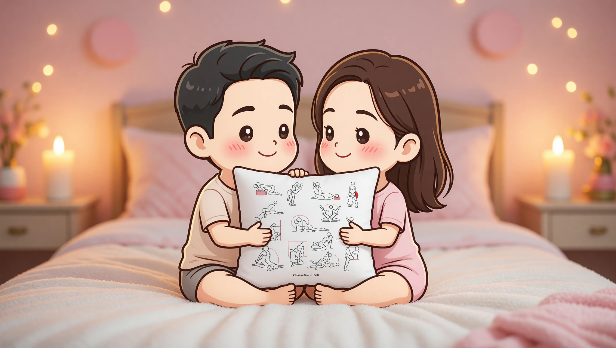 A loving man and woman couple in lotus position, embracing intimately with a supportive pillow.