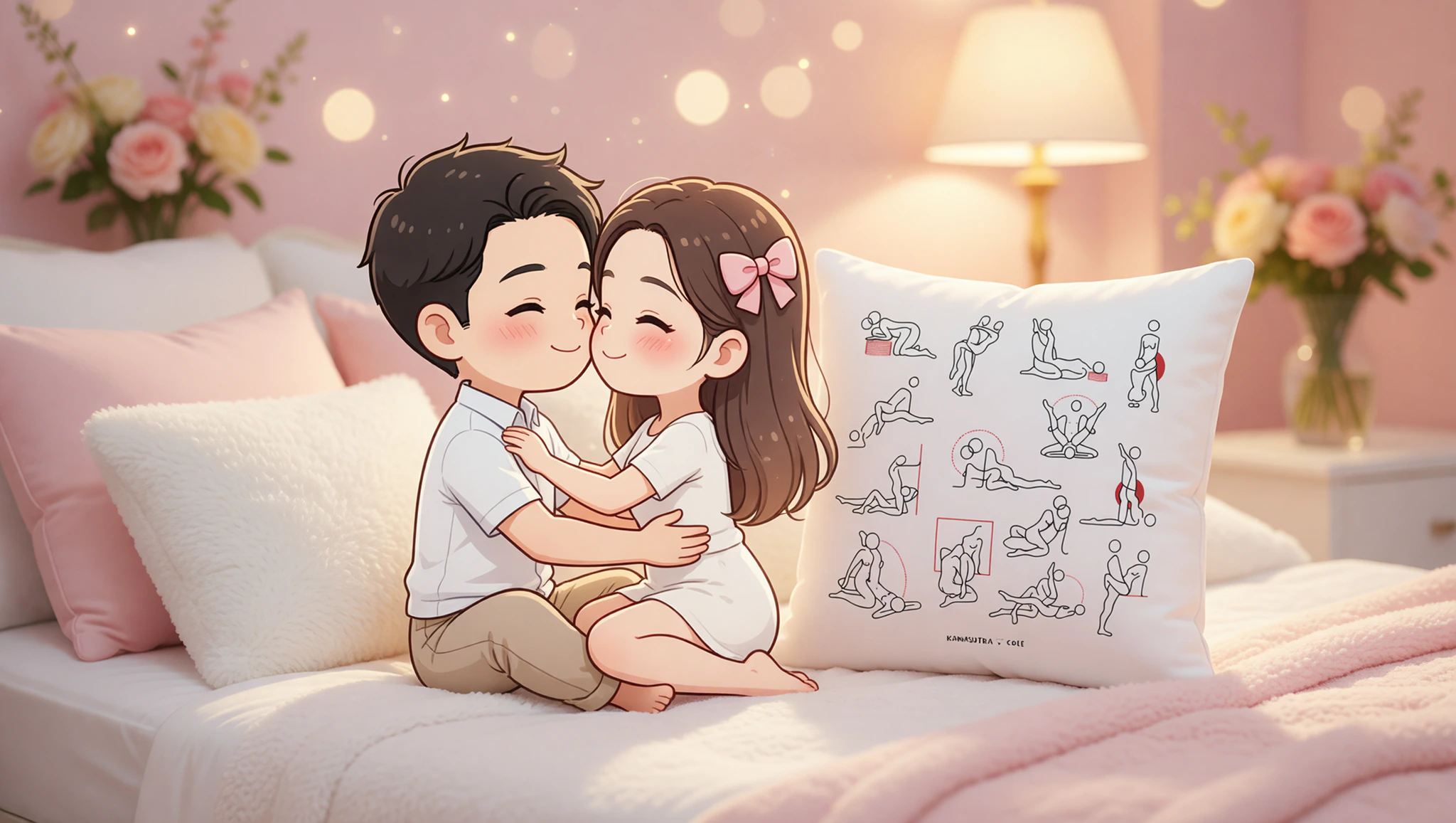 Loving couple in Sacred Lotus position sharing an intimate embrace on bed.