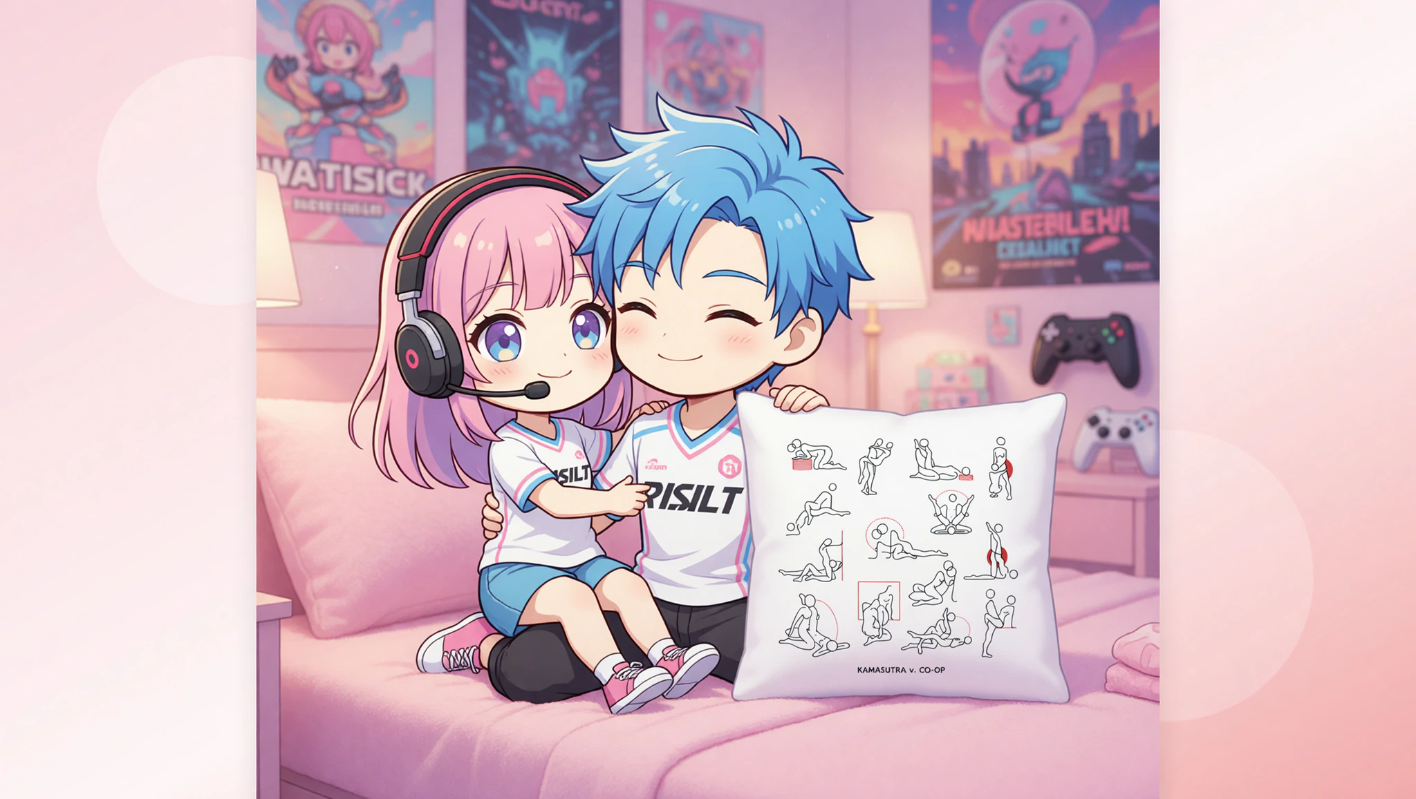 Excited gamer couple in a joystick jockey pose, blending gaming fun with intimate connection.