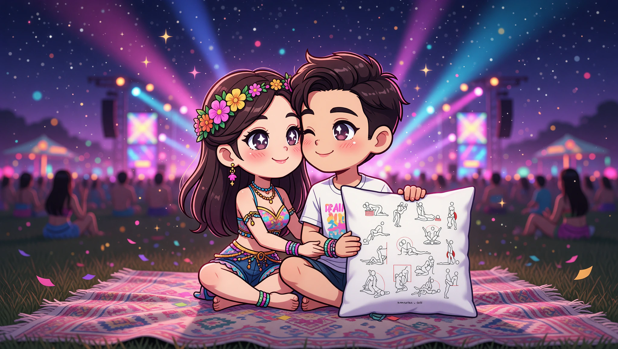 Heterosexual couple embracing in a Kama Sutra Lotus position amid a lively festival night with pulsing lights.