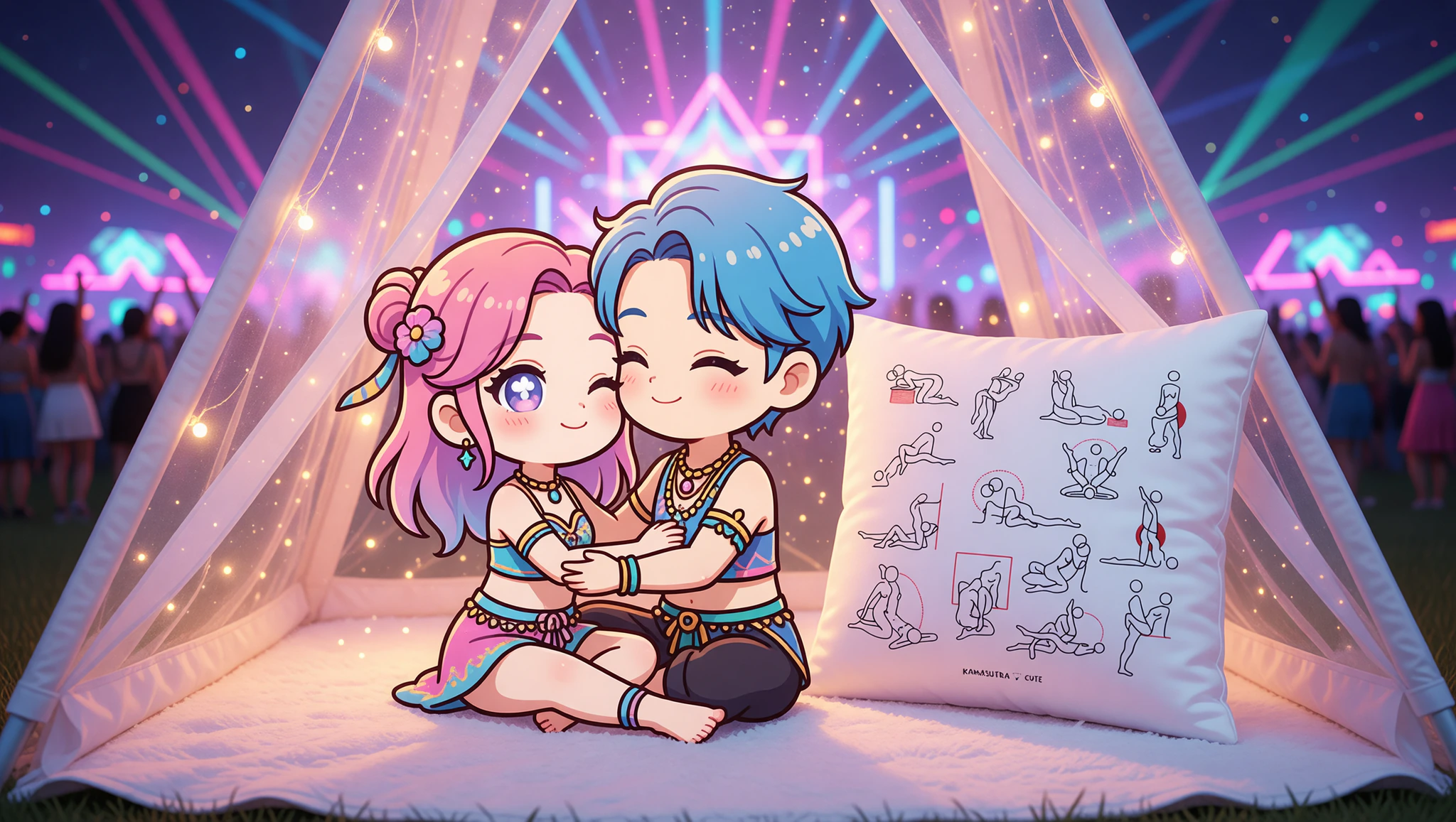 Man and woman couple sharing a Kama Sutra Lotus embrace in a festival tent under starry skies.