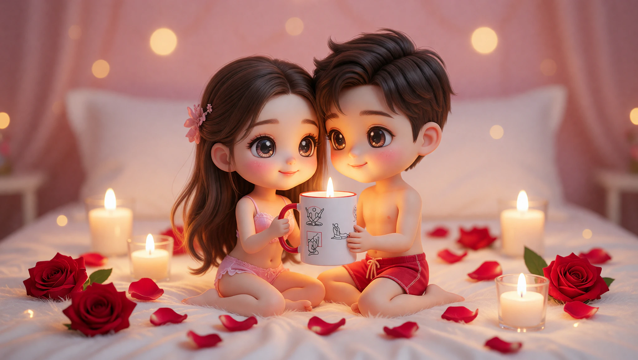 A man and woman in an intimate Kama Sutra-inspired embrace surrounded by anniversary romance elements.