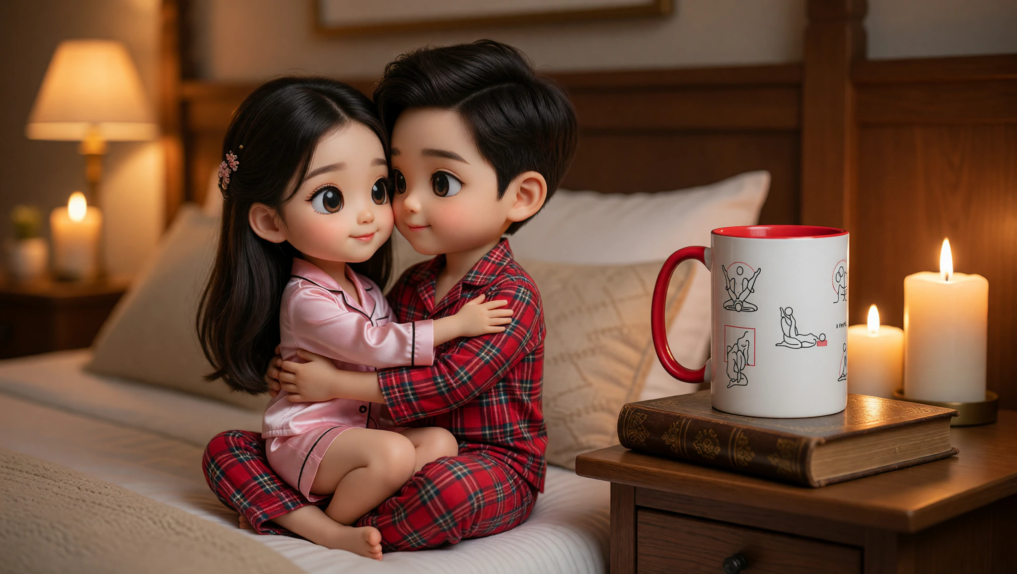 A man and woman sharing an intimate Kama Sutra lotus embrace in a softly lit bedroom.