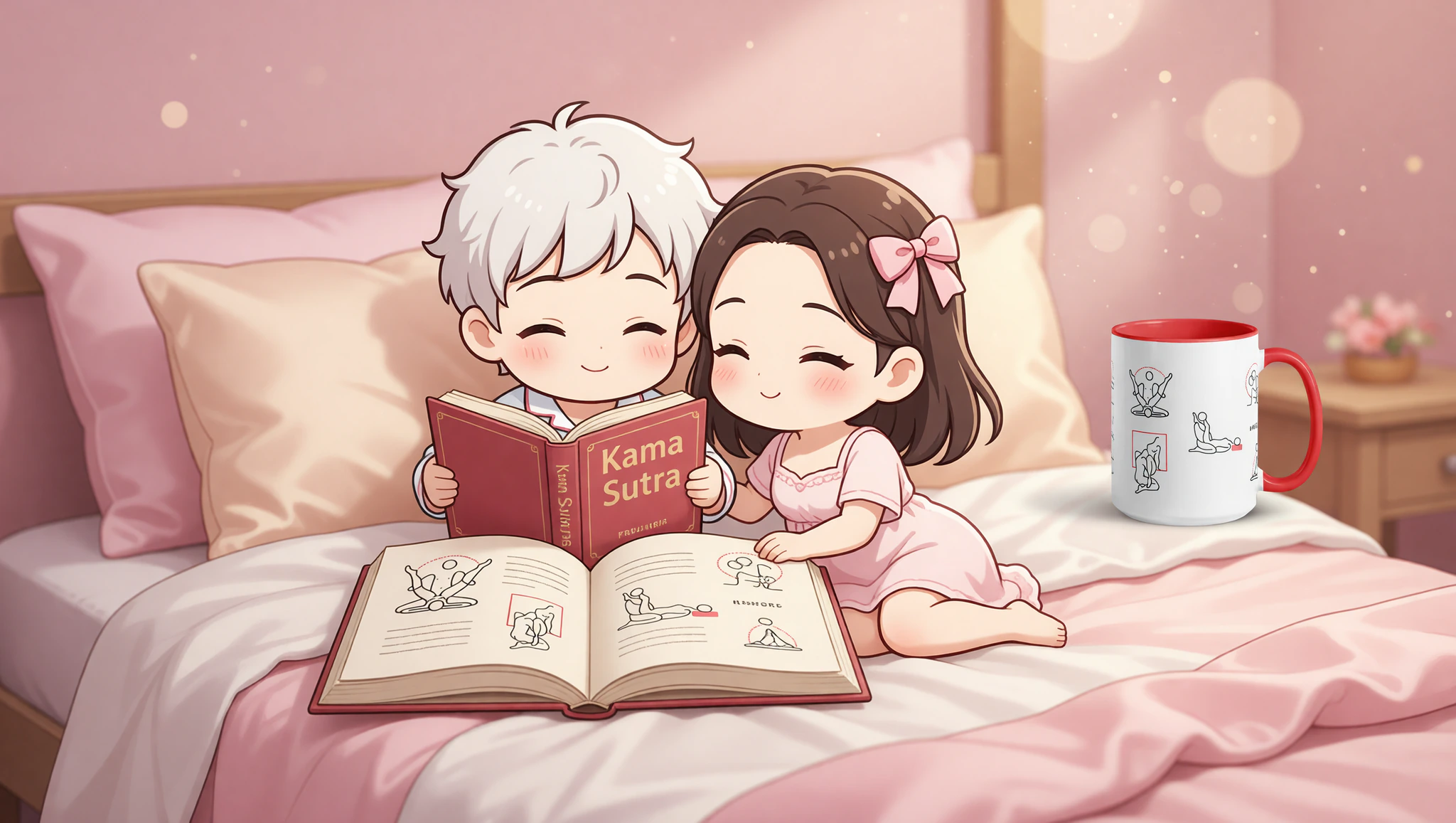 Newlywed man and woman sharing flirty moments with Kama Sutra book in a romantic bedroom.