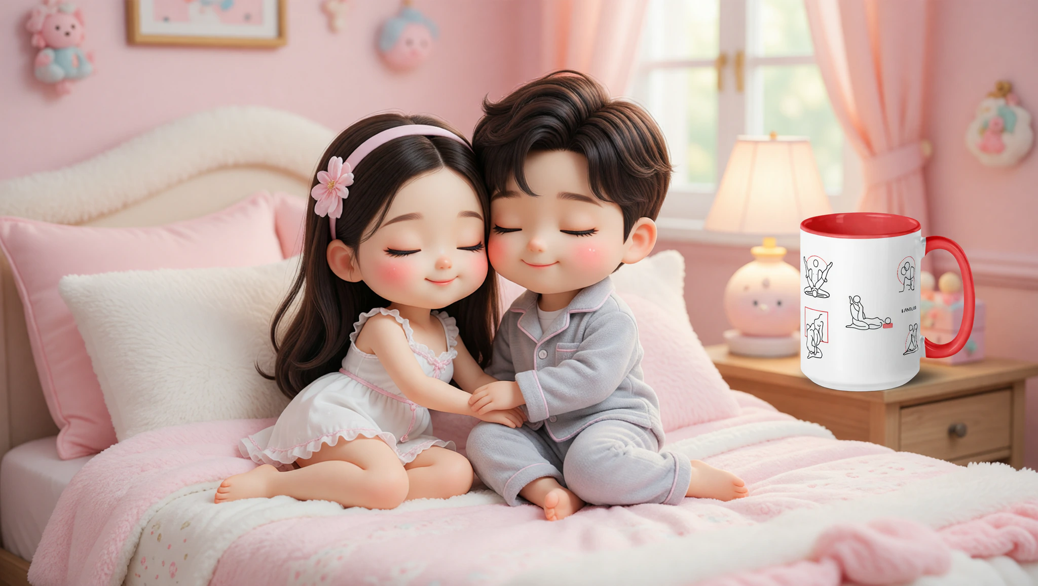 Couple in spoon position on bed at home.