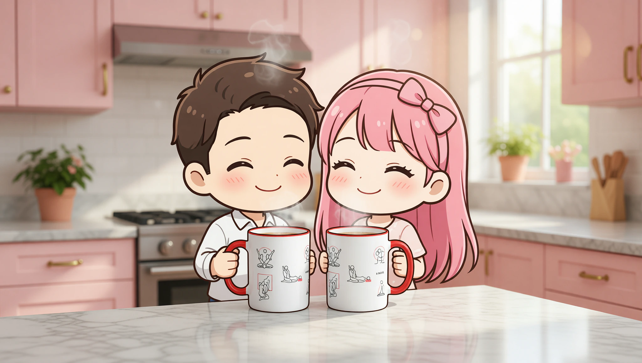 Man and woman holding mugs flirtatiously in their kitchen.