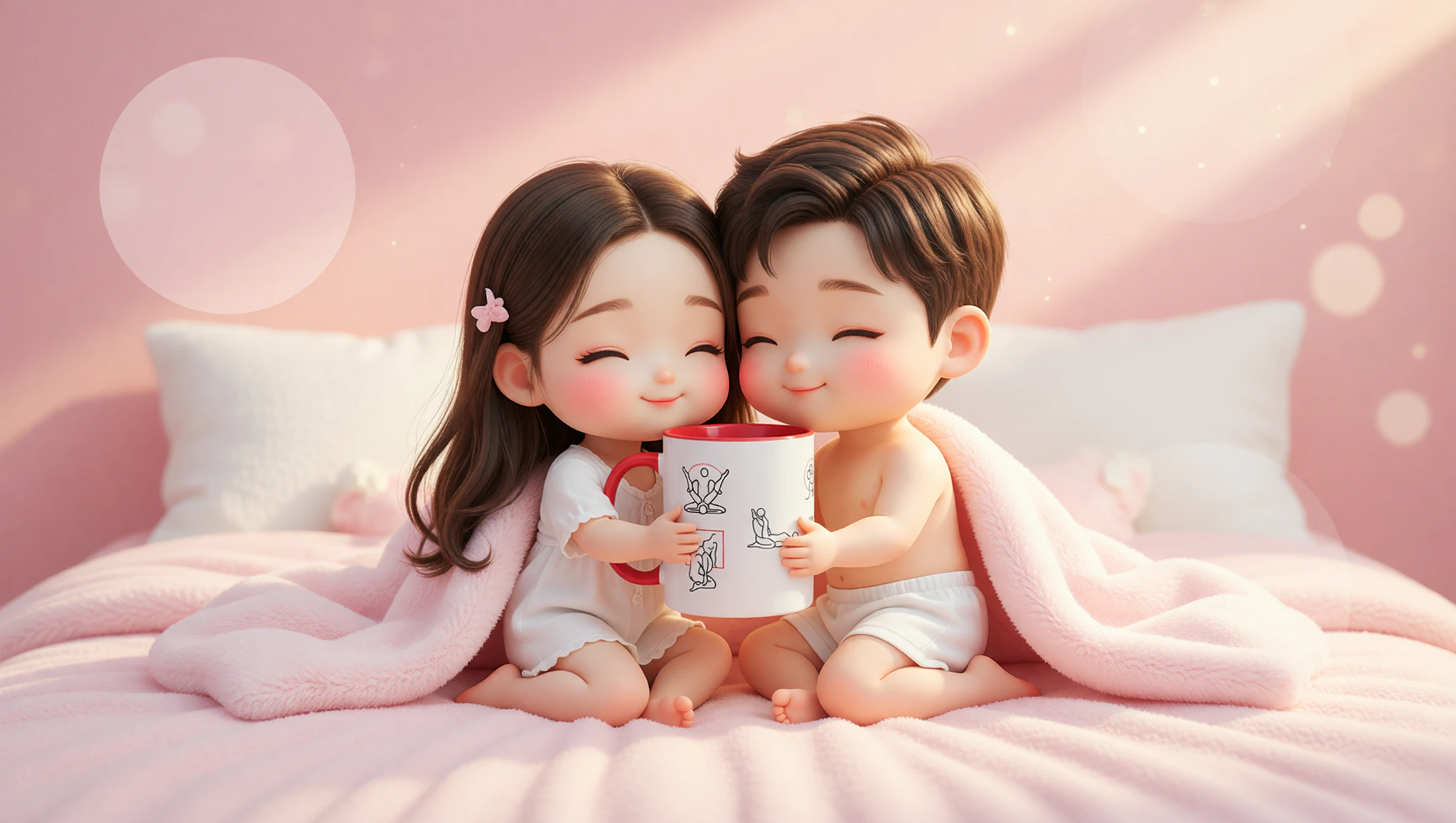 Couple trying a Kama Sutra position on a bed at home.