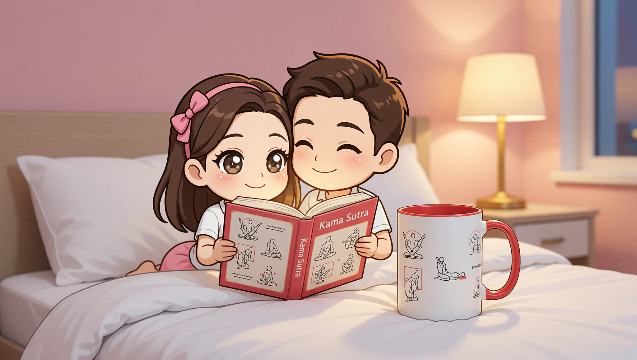 A man and woman cuddling in bed while examining an open Kama Sutra book.