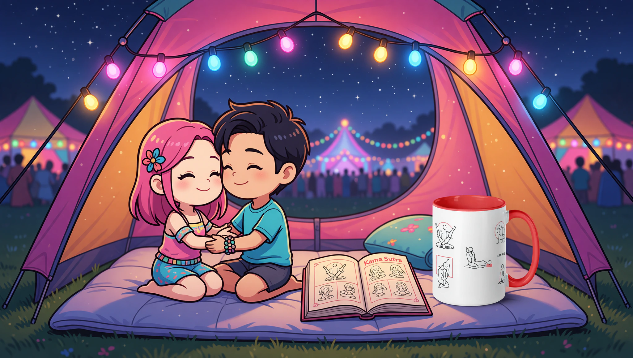 Couple in intimate Kama Sutra lotus position inside a festival tent surrounded by nightlife glow.