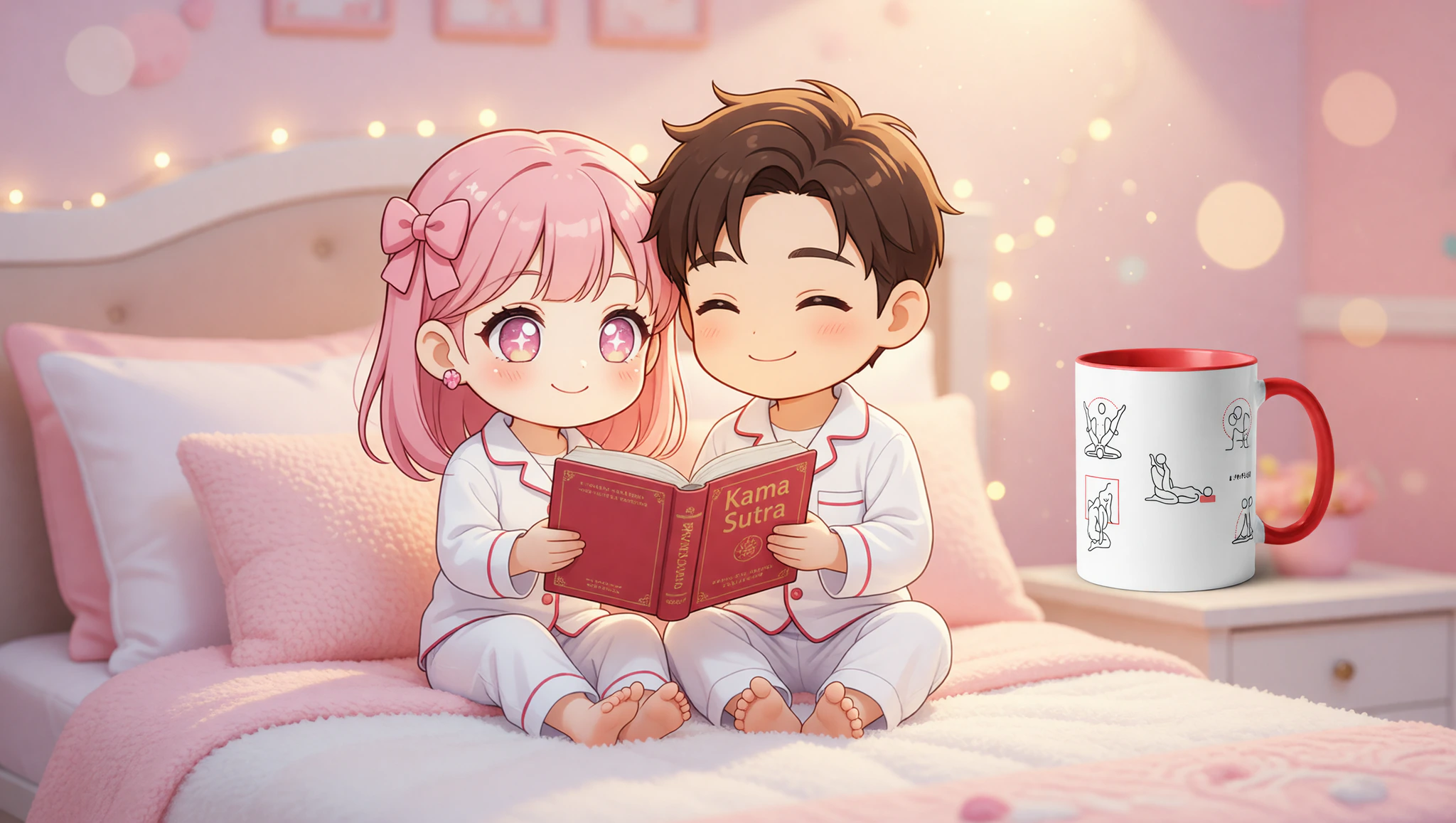 A man and woman sharing a Kama Sutra book on their bed, building intimacy through flirtatious reading.