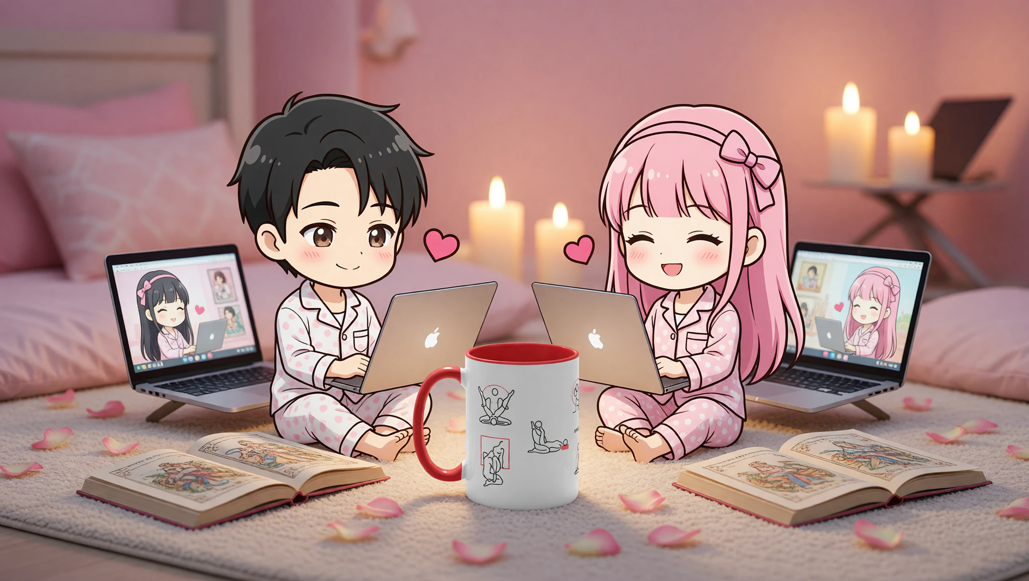 Long-distance couple sharing a flirty Kama Sutra video call in intimate home settings.