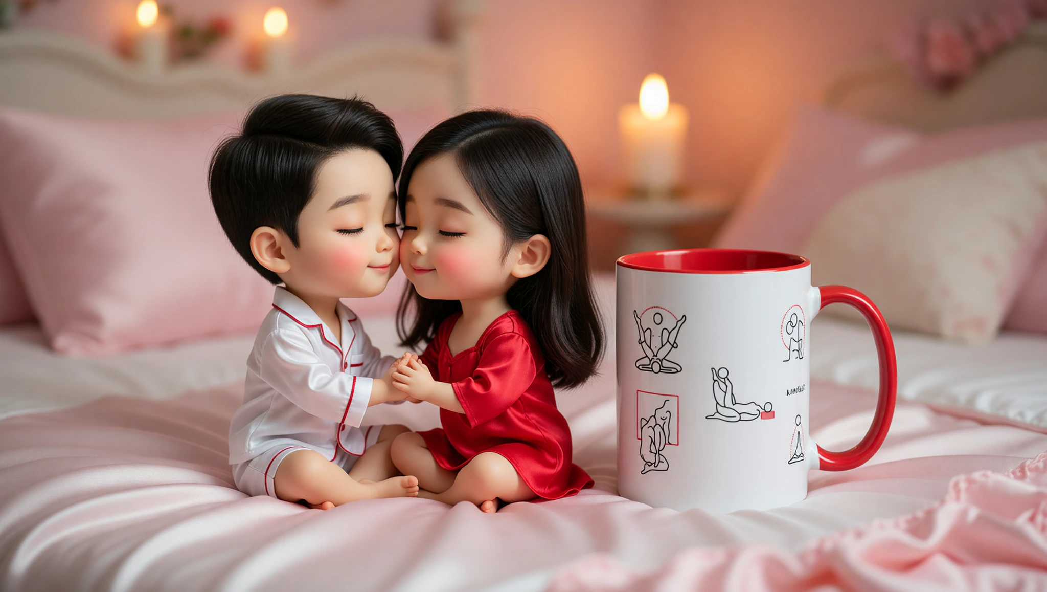 Newlywed couple in a loving Kama Sutra lotus embrace, surrounded by romantic candlelight.