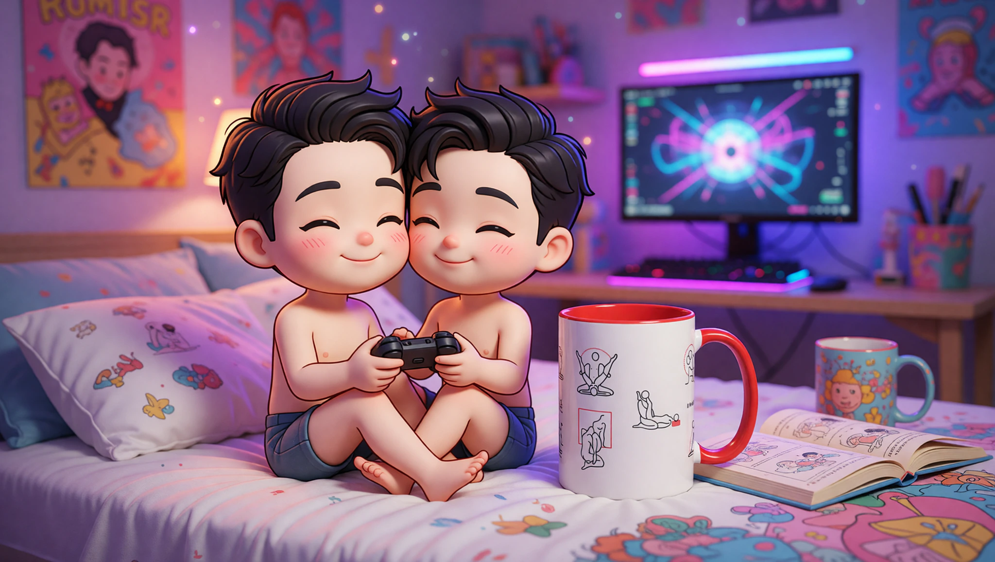 Gamer couple in passionate Kama Sutra pose surrounded by controllers and book in bedroom glow.