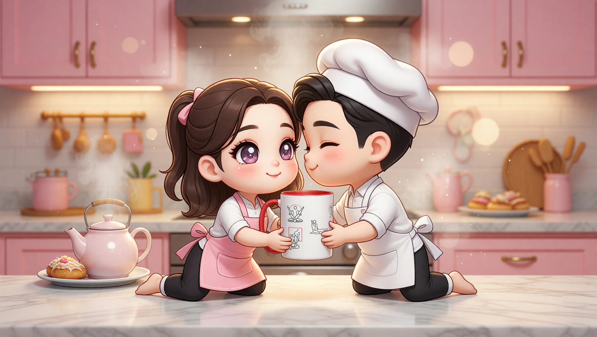 A man and a woman couple enjoying flirty Kama Sutra positions in their sunlit kitchen.