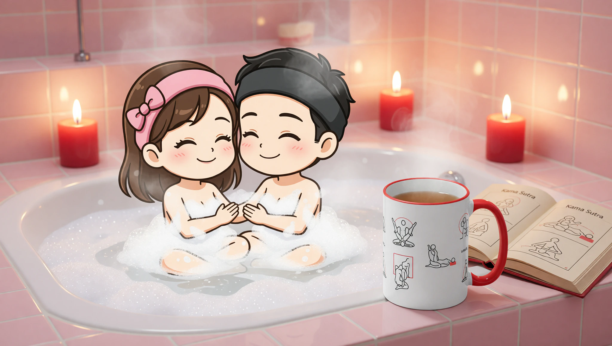 A man and woman in lotus embrace within a steamy bathtub, Kama Sutra book at hand for their spa evening.