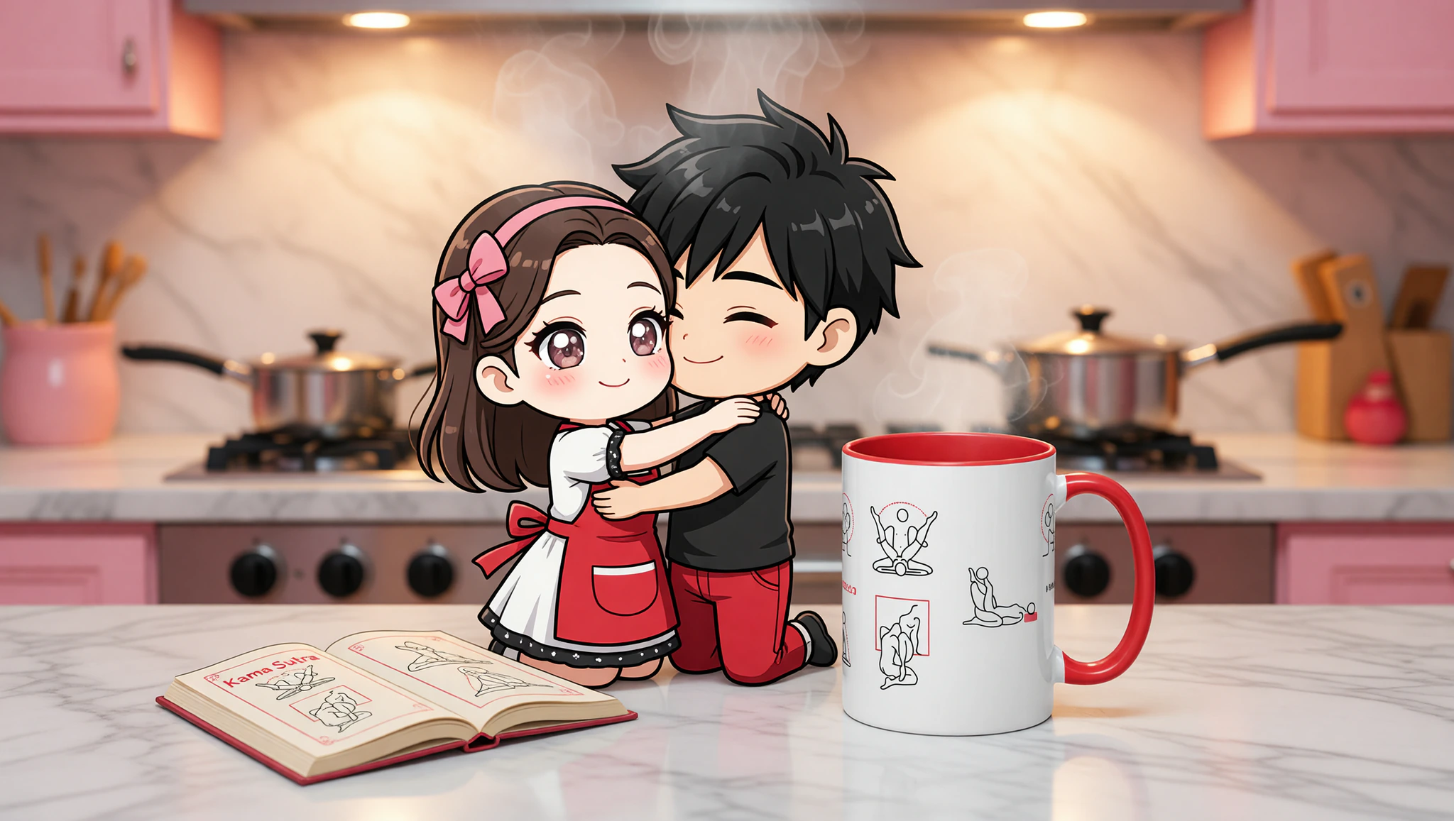 A man and woman exploring intimate Kama Sutra positions on a kitchen counter with the book nearby.