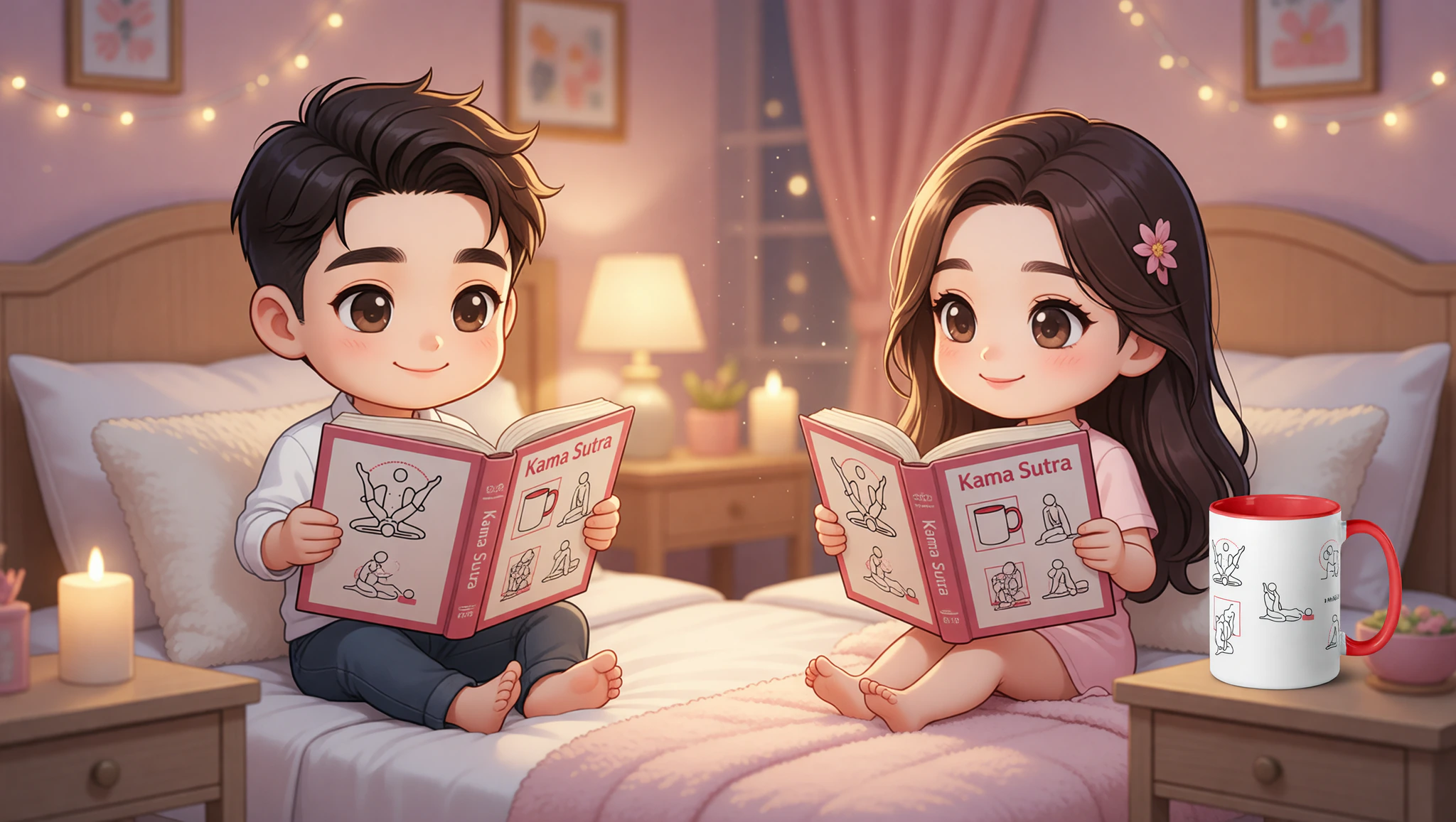 A man and woman sharing an intimate long-distance Kama Sutra video call from their bedrooms.