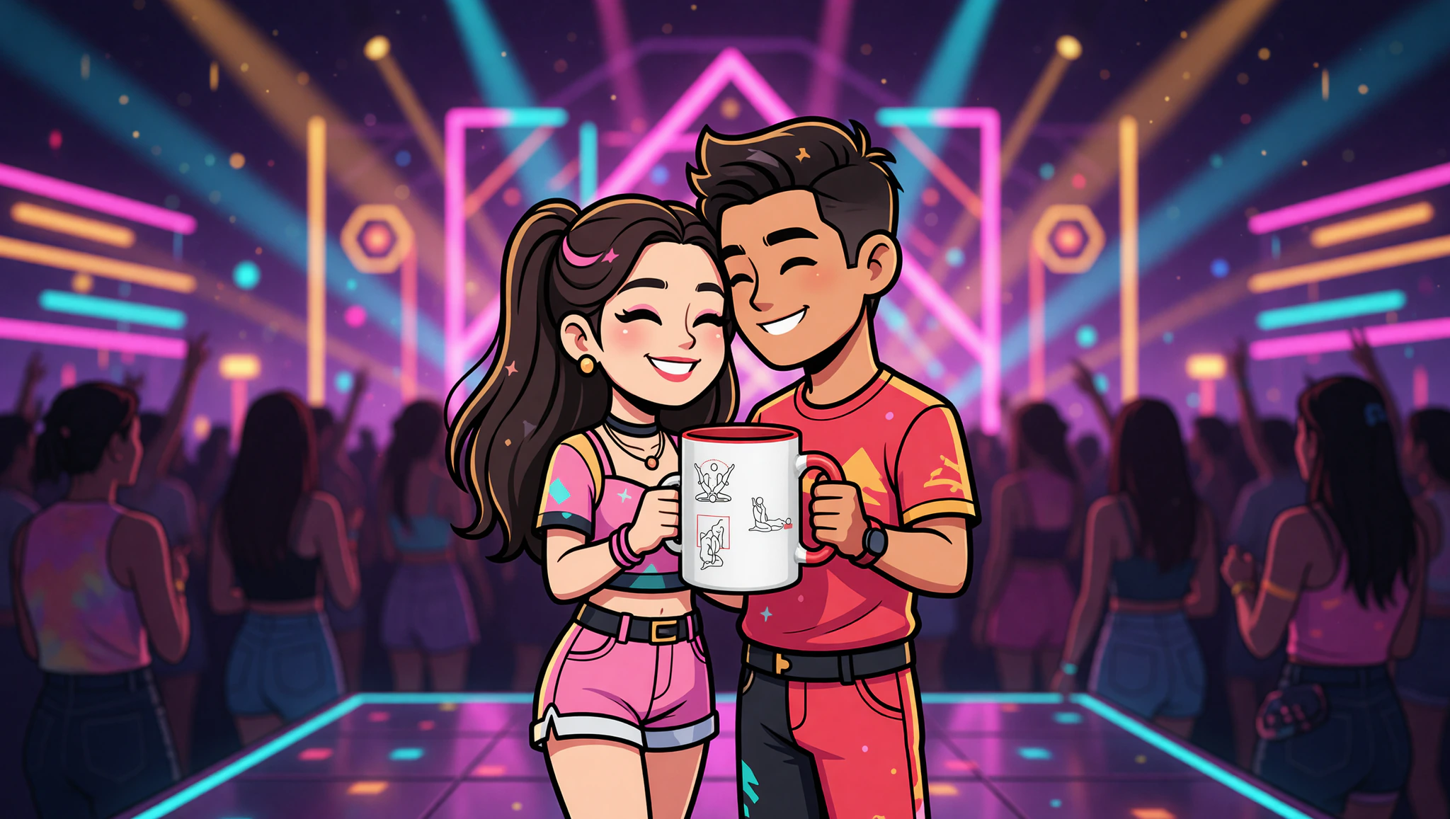 A man and woman couple sharing a steamy Kama Sutra embrace amid the energetic festival crowd.