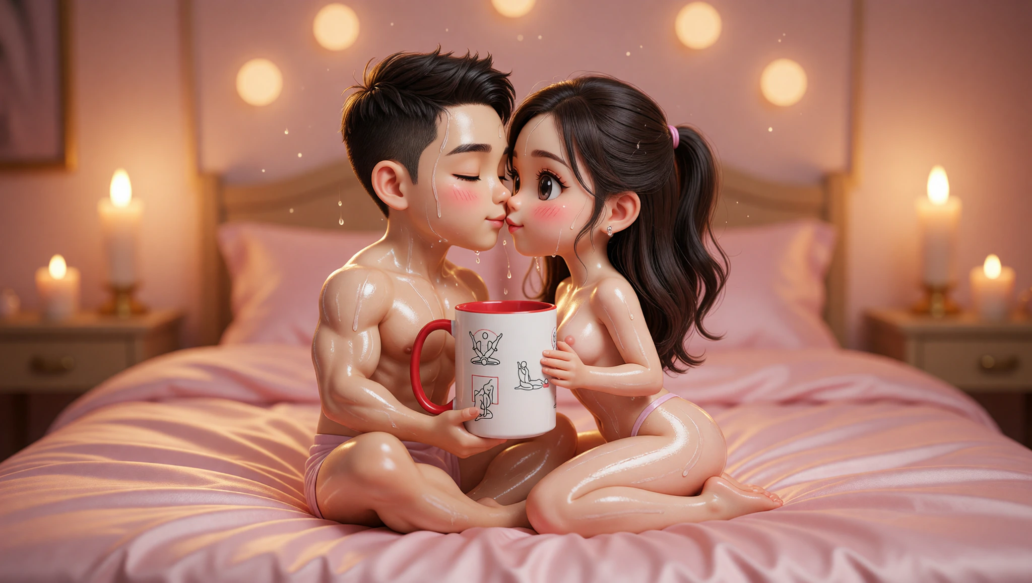 A man and woman in an intimate oiled Kama Sutra embrace, radiating seductive relaxation.