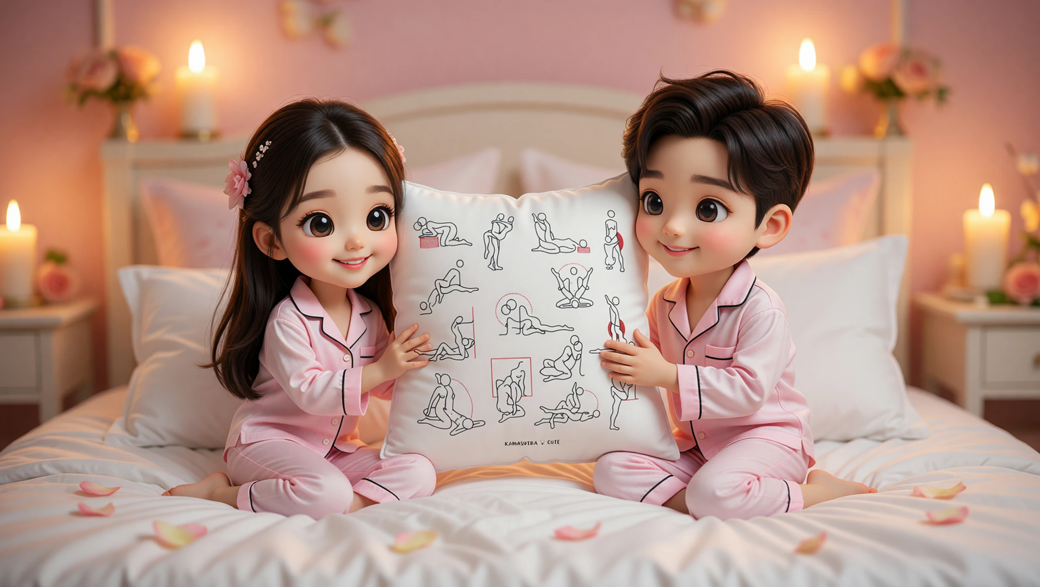 Man and woman setting up Kama Sutra decor pillows on bed.