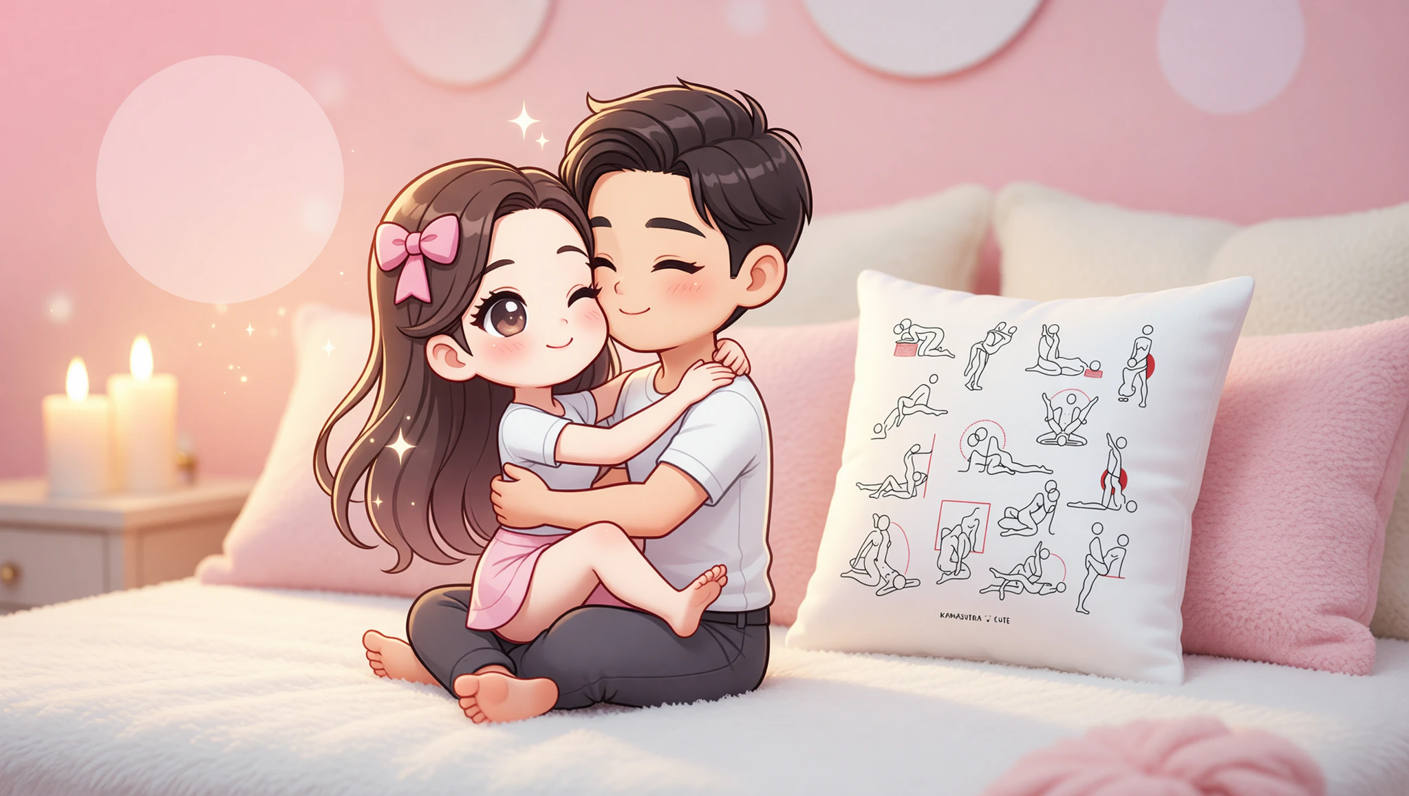 A man and a woman locked in a tender Lotus Kama Sutra embrace, fueling their newlywed passion in a warmly lit bedroom.