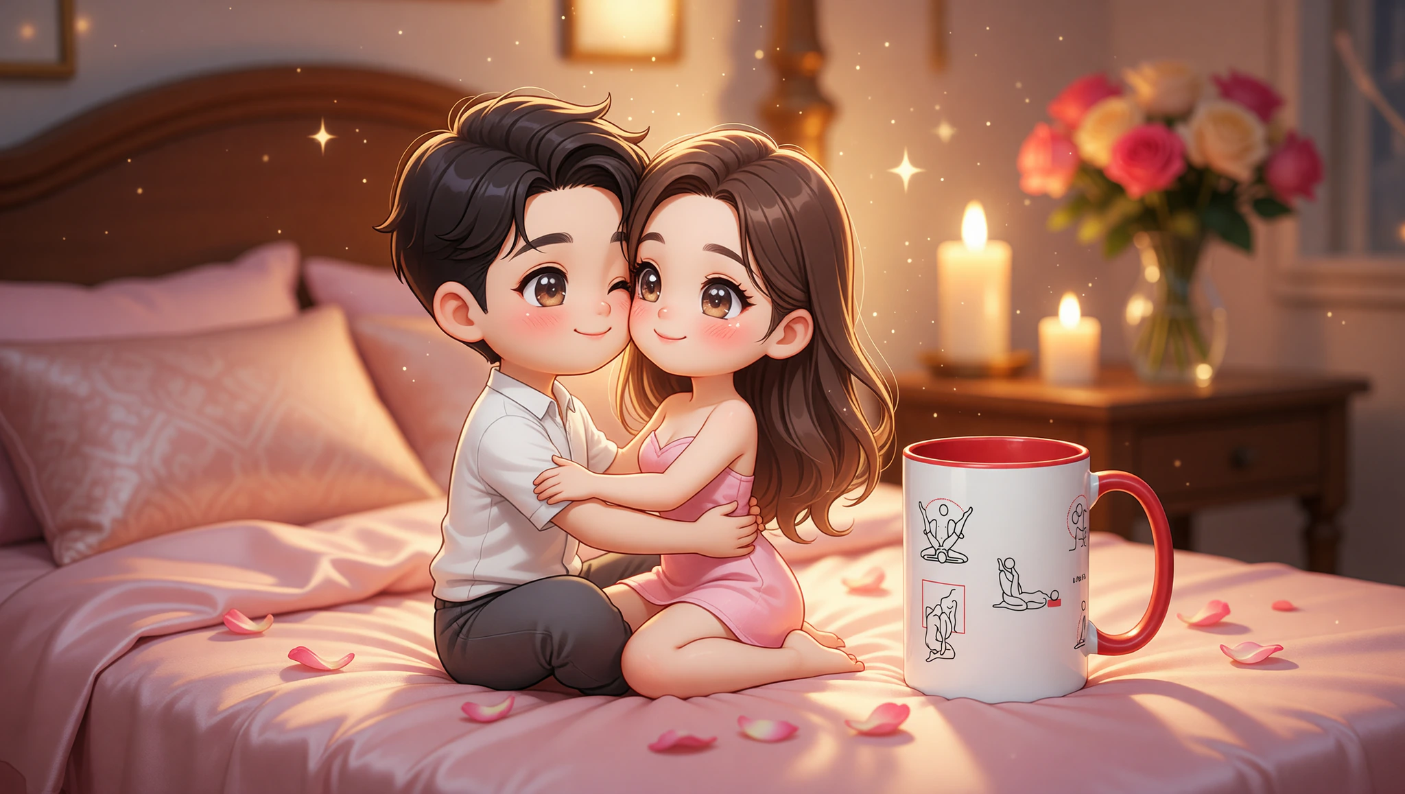 A man and woman couple intimately entwined in the Lotus Kama Sutra position, celebrating their anniversary with passion.