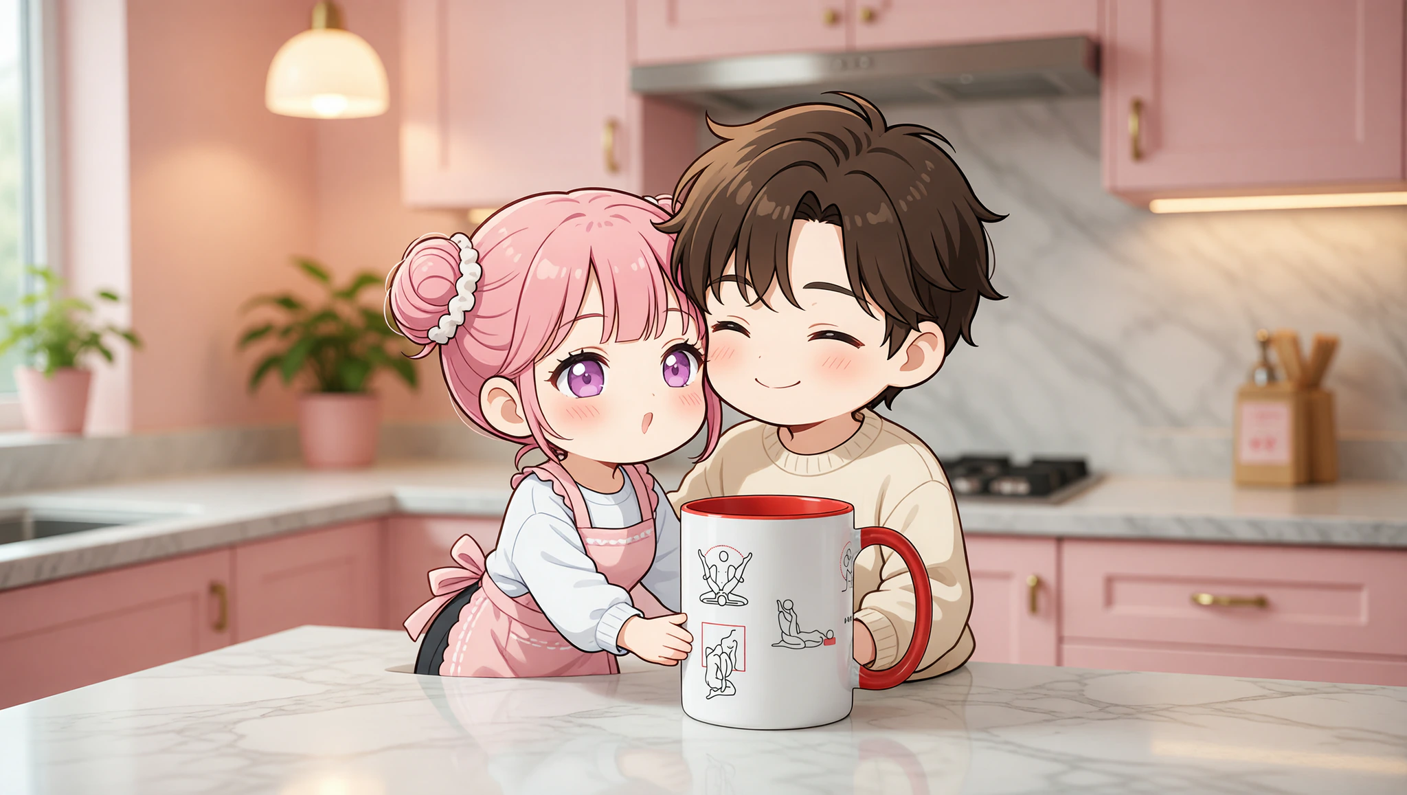 A loving man and woman sharing a flirty Kama Sutra-inspired tease pose in their home kitchen.