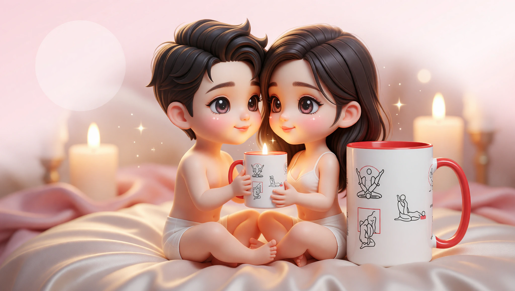 A heterosexual couple locked in a close lotus Kama Sutra embrace on luxurious bedding.