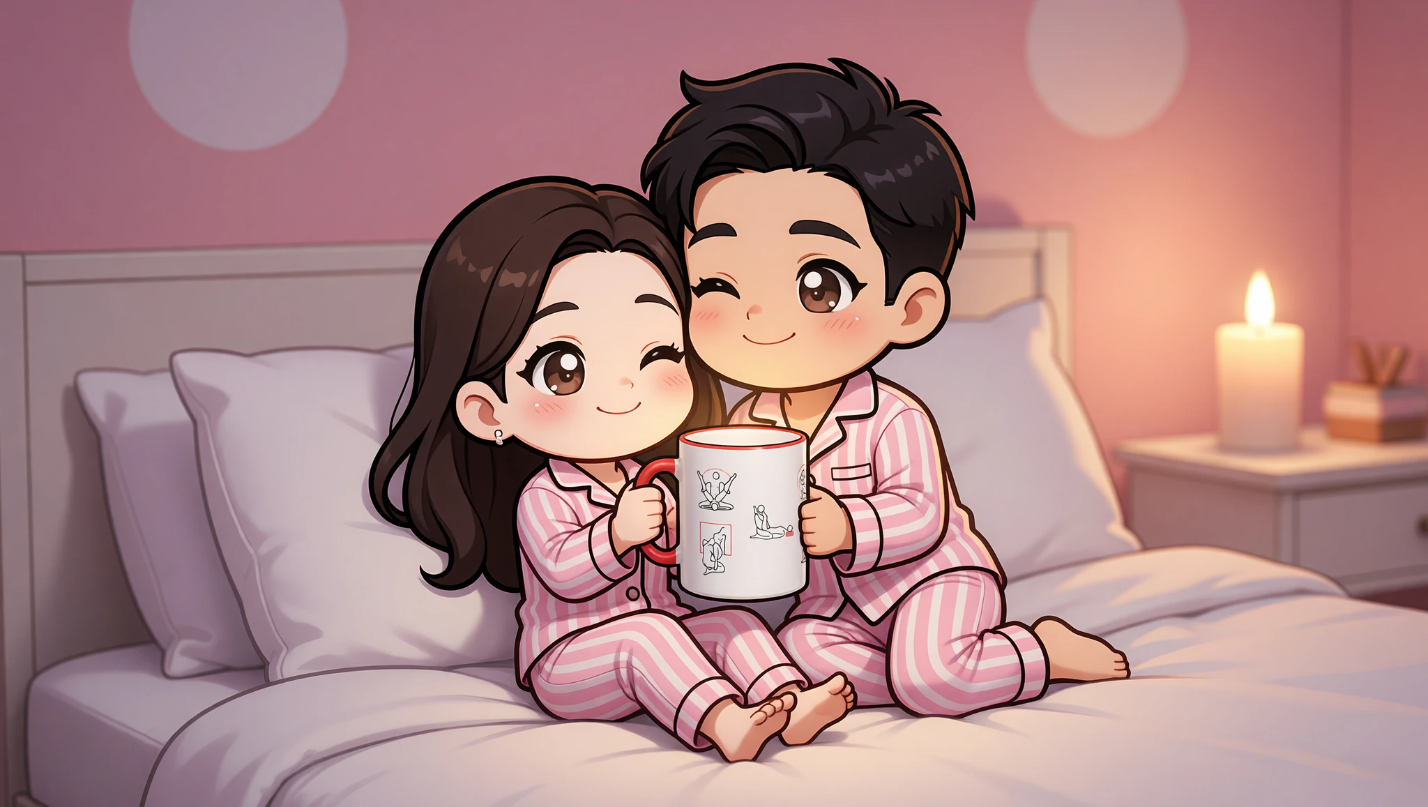 Man and woman sharing a full-body spoon glide touch in their cozy bedroom.