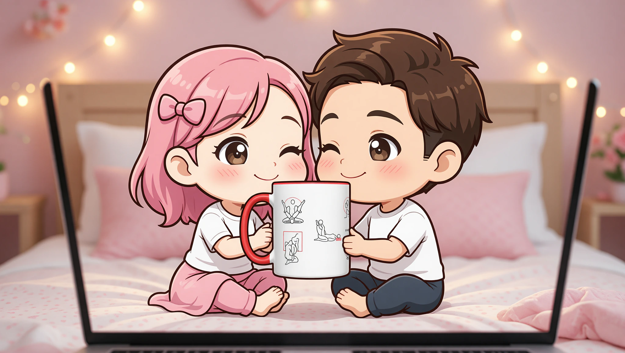 A man and woman passionately connecting through video call, embodying Kama Sutra lotus pose for long-distance intimacy.