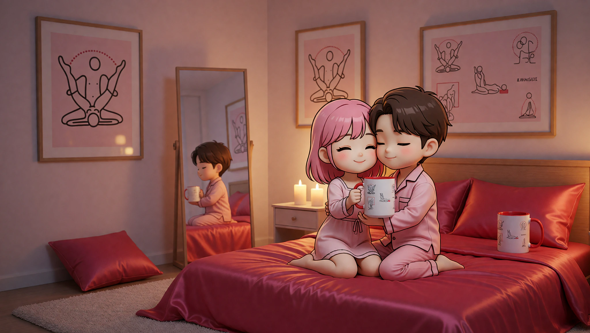 A man and woman sharing a passionate moment in a Kama Sutra-inspired bedroom filled with sensual decor.