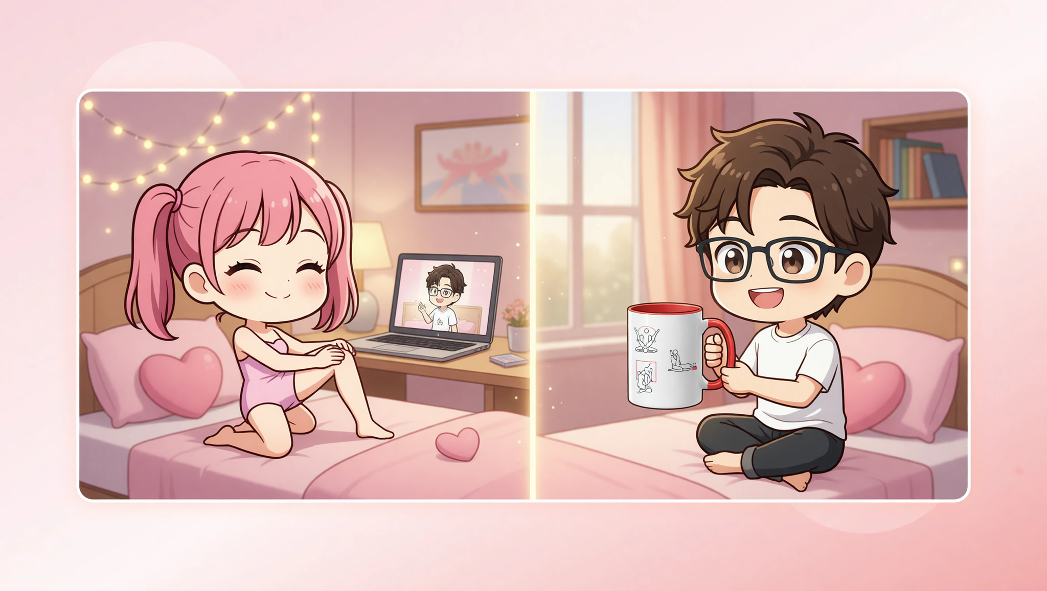 A man and woman share a steamy long-distance Kama Sutra tease over video call with her in a seductive pose.