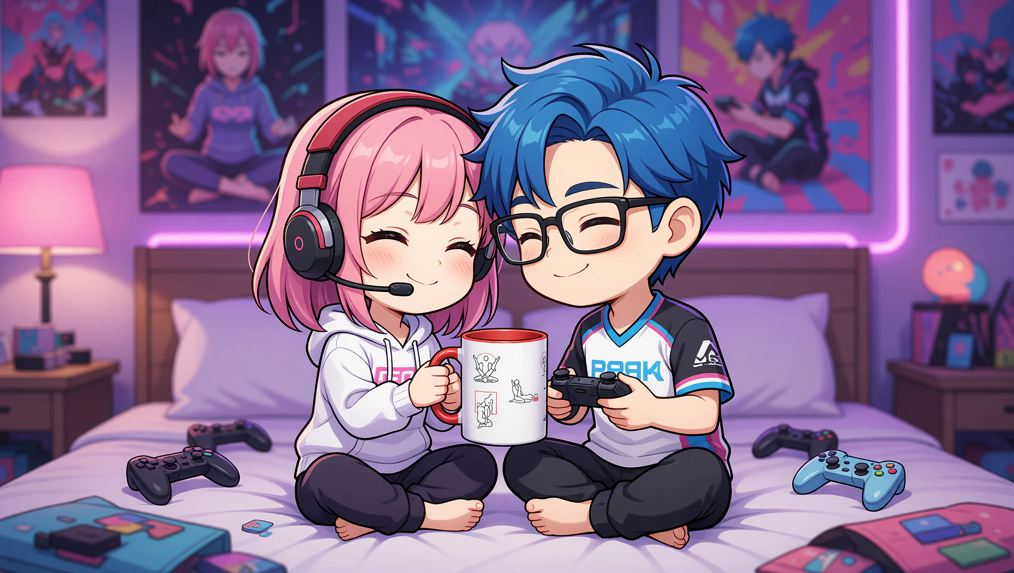 Gamer couple in a bedroom gaming setup, embracing closely in a Kama Sutra-inspired pose.