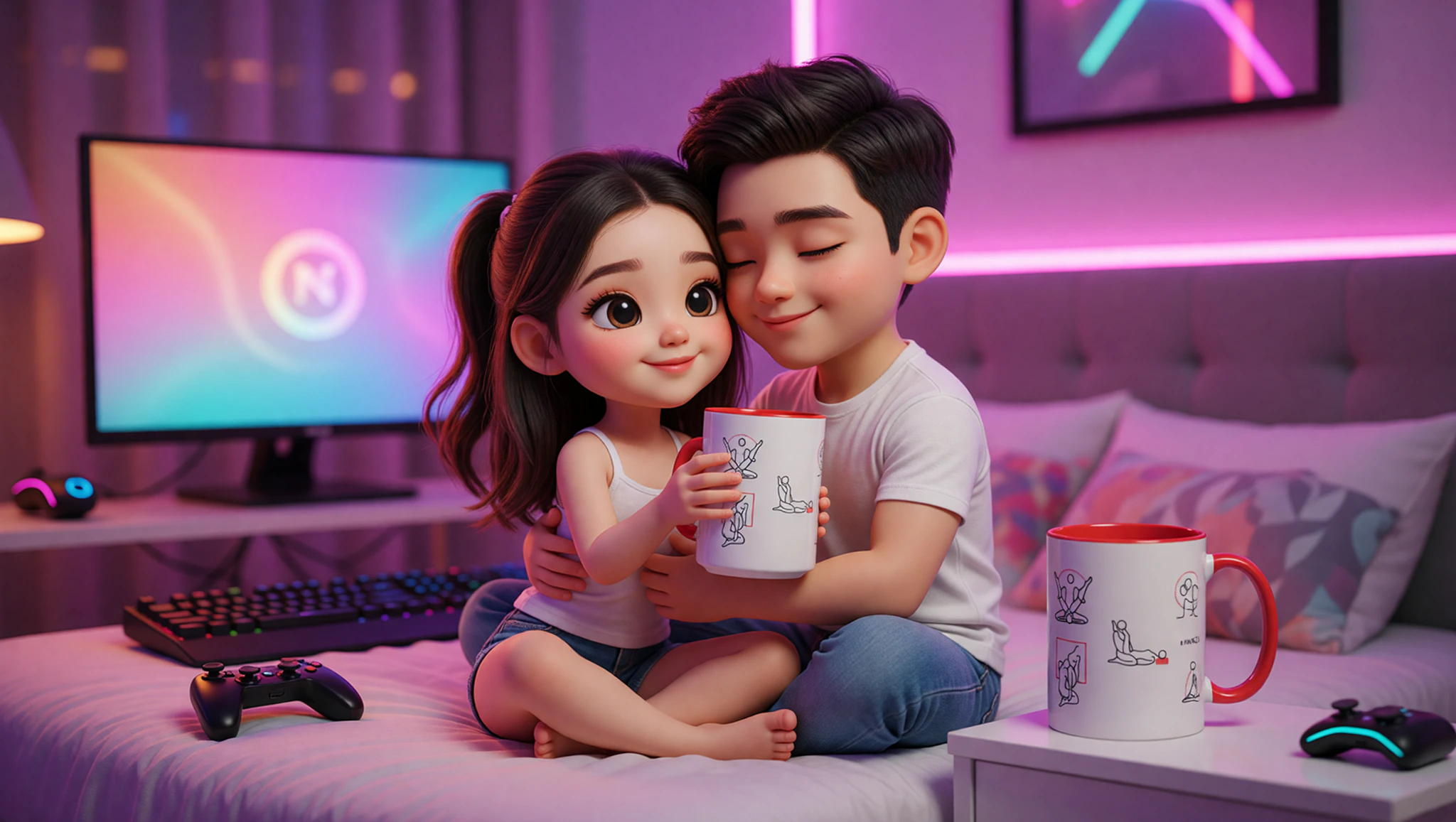 Gamer couple passionately exploring Kama Sutra secrets amid controllers and screens in their intimate gaming haven.