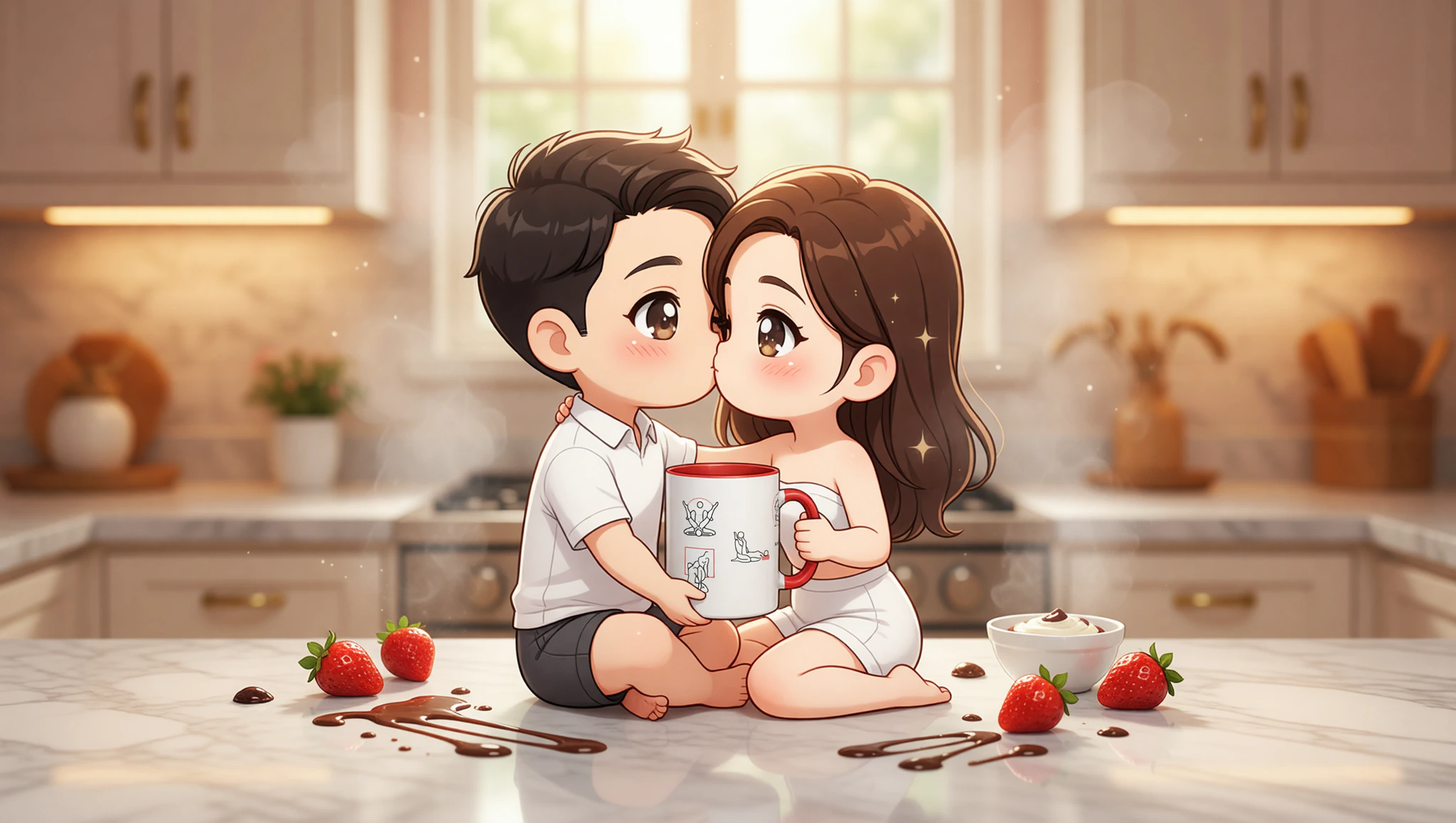 A loving man and woman embracing intimately in a Kama Sutra-inspired position amid their home kitchen setup.