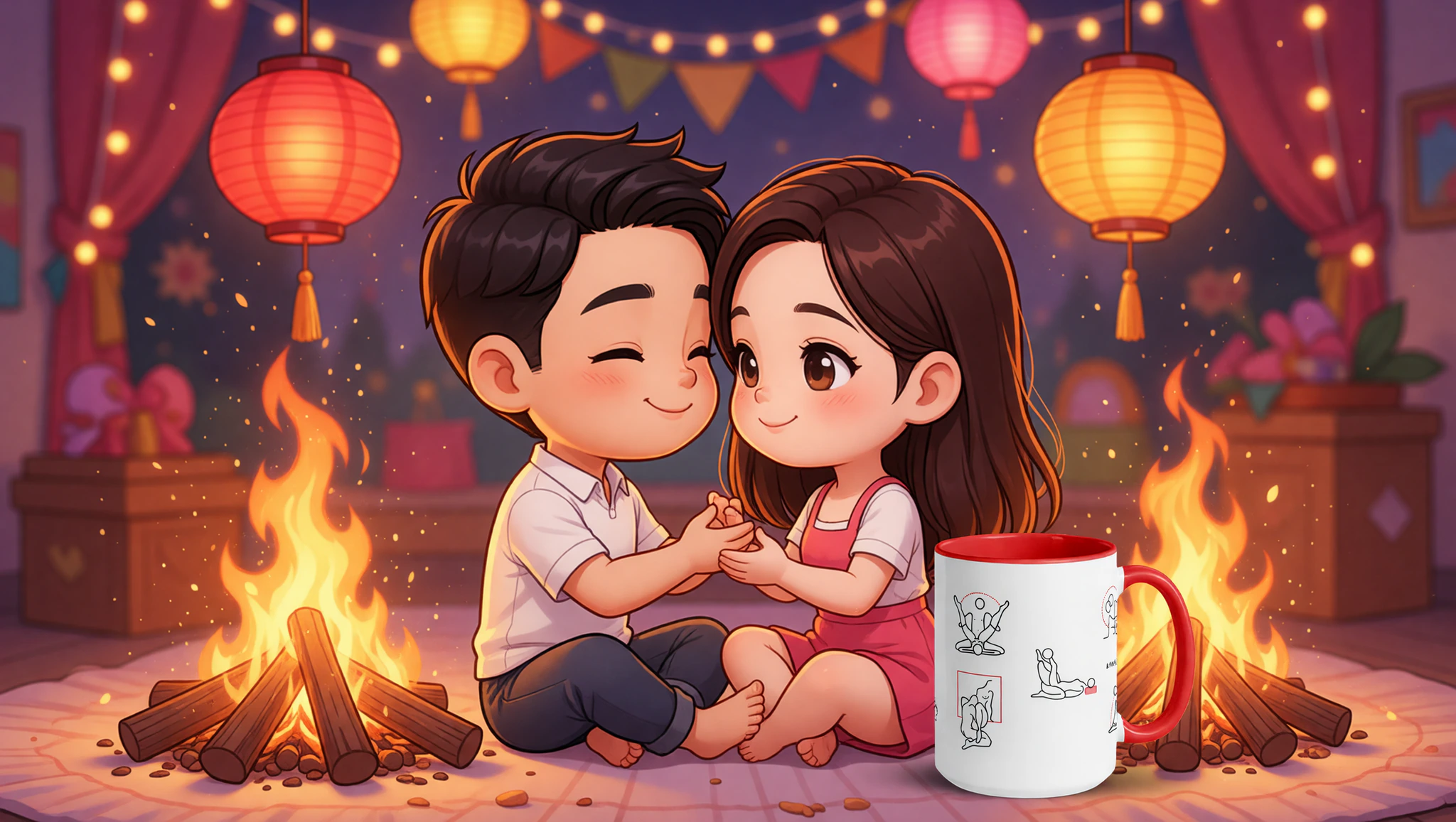 A man and woman in an intimate lotus embrace lit by festival fires and lanterns.