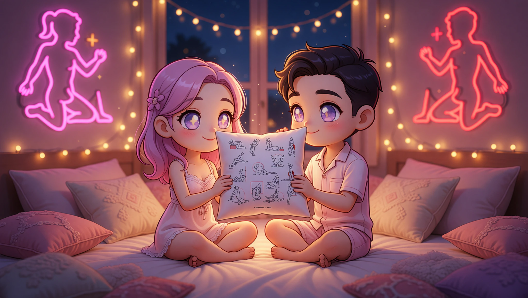 A man and woman couple embracing in a glowing Kama Sutra decorated bedroom.