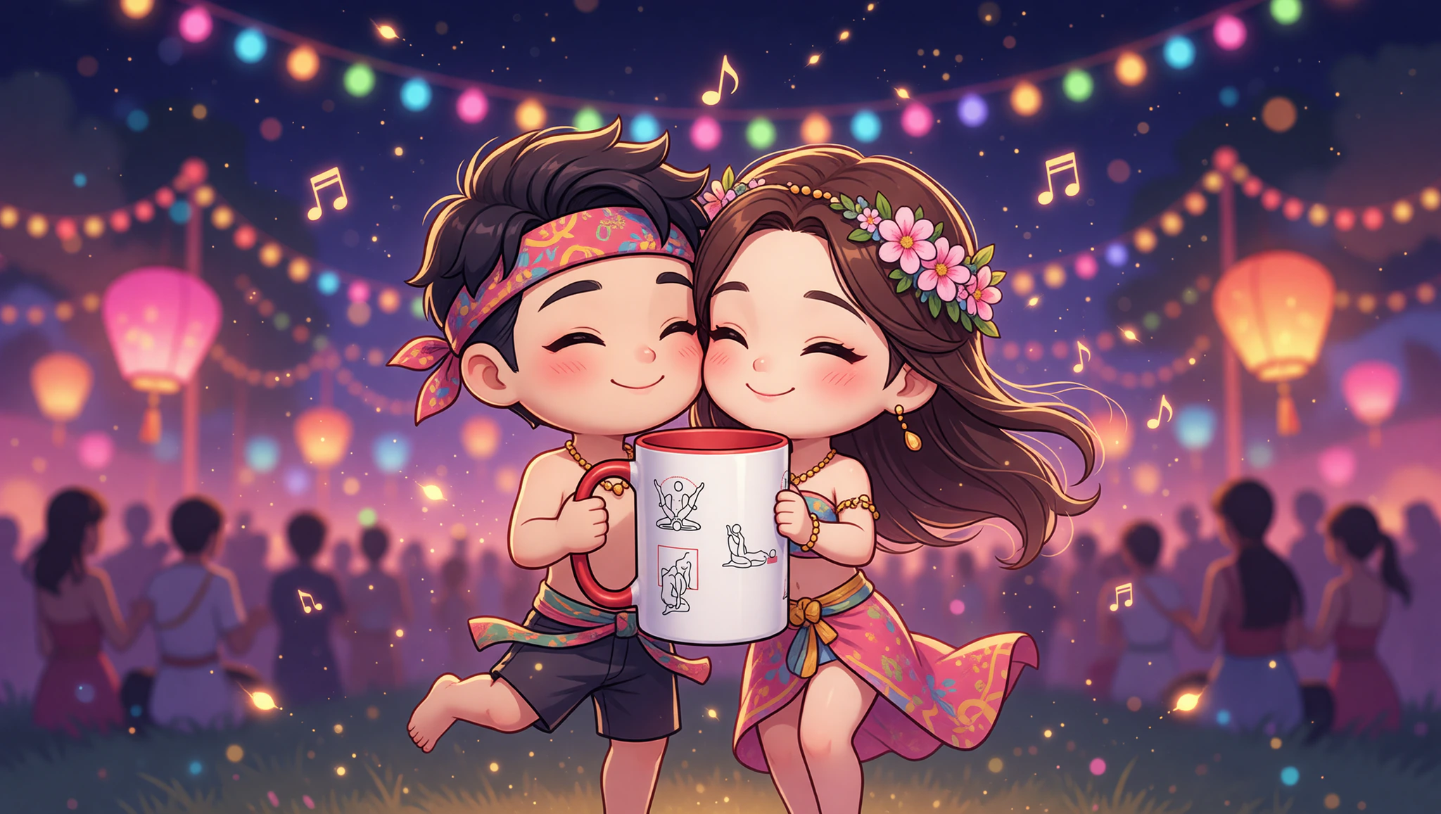 A man and woman couple swaying passionately in a Kama Sutra rhythm amid a lively festival night.