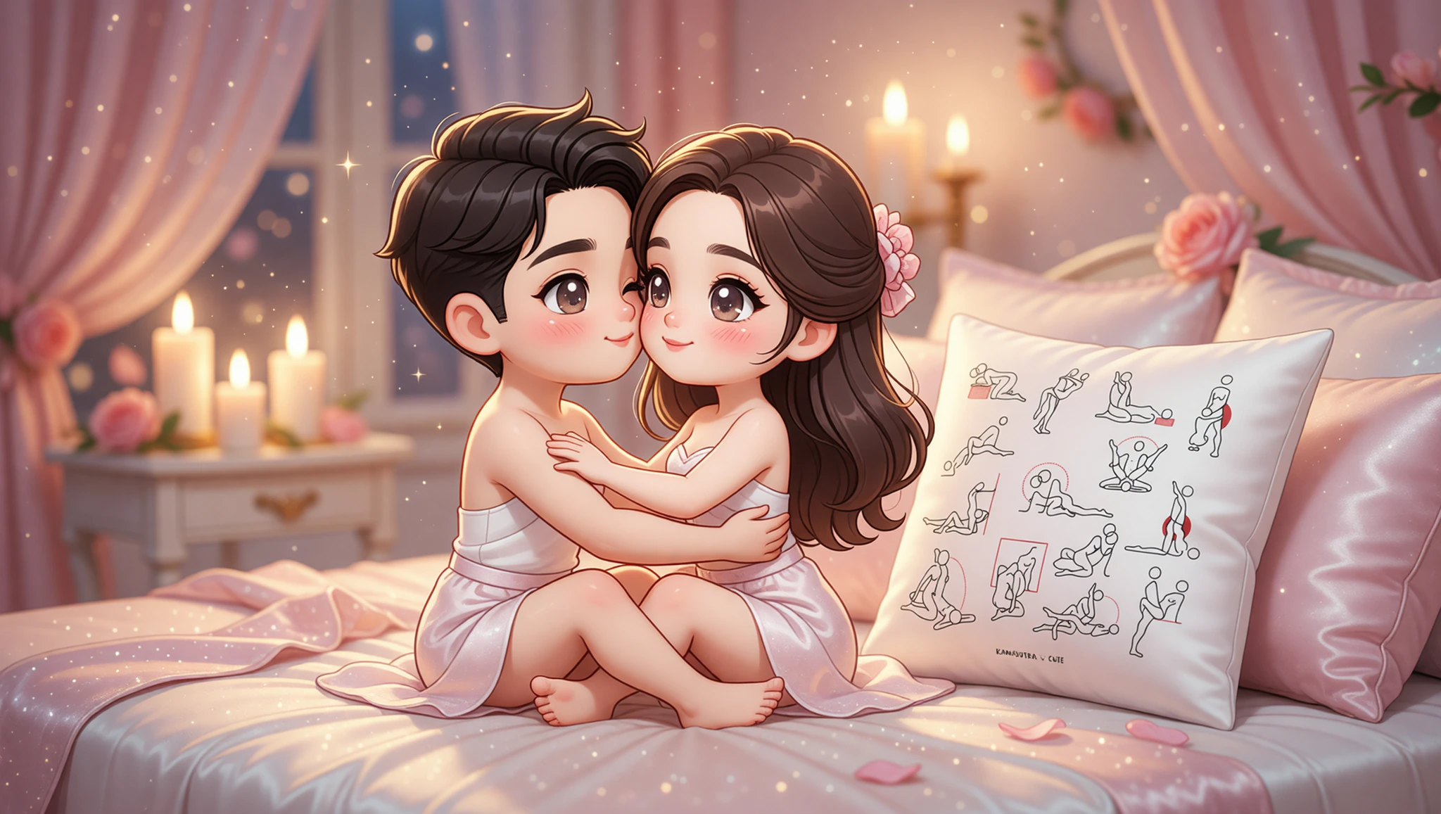 A loving newlywed couple intertwined in a sensual Kama Sutra lotus embrace on their luxurious bed.