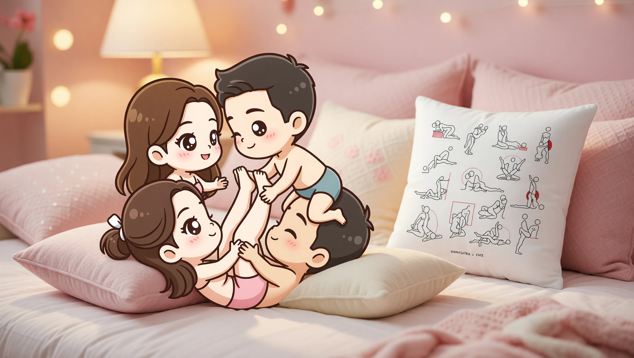 Newlywed couple in a lifted missionary Kama Sutra position on bed with pillows.