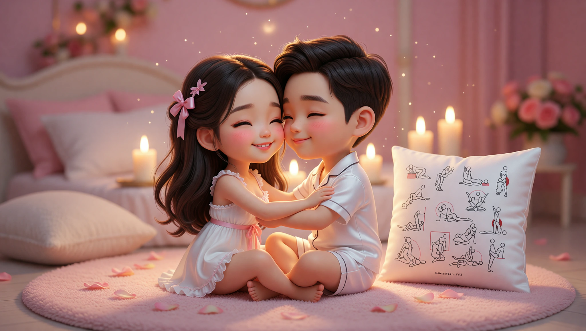 A man and woman couple locked in a tender Kama Sutra lotus pose, radiating newlywed passion.